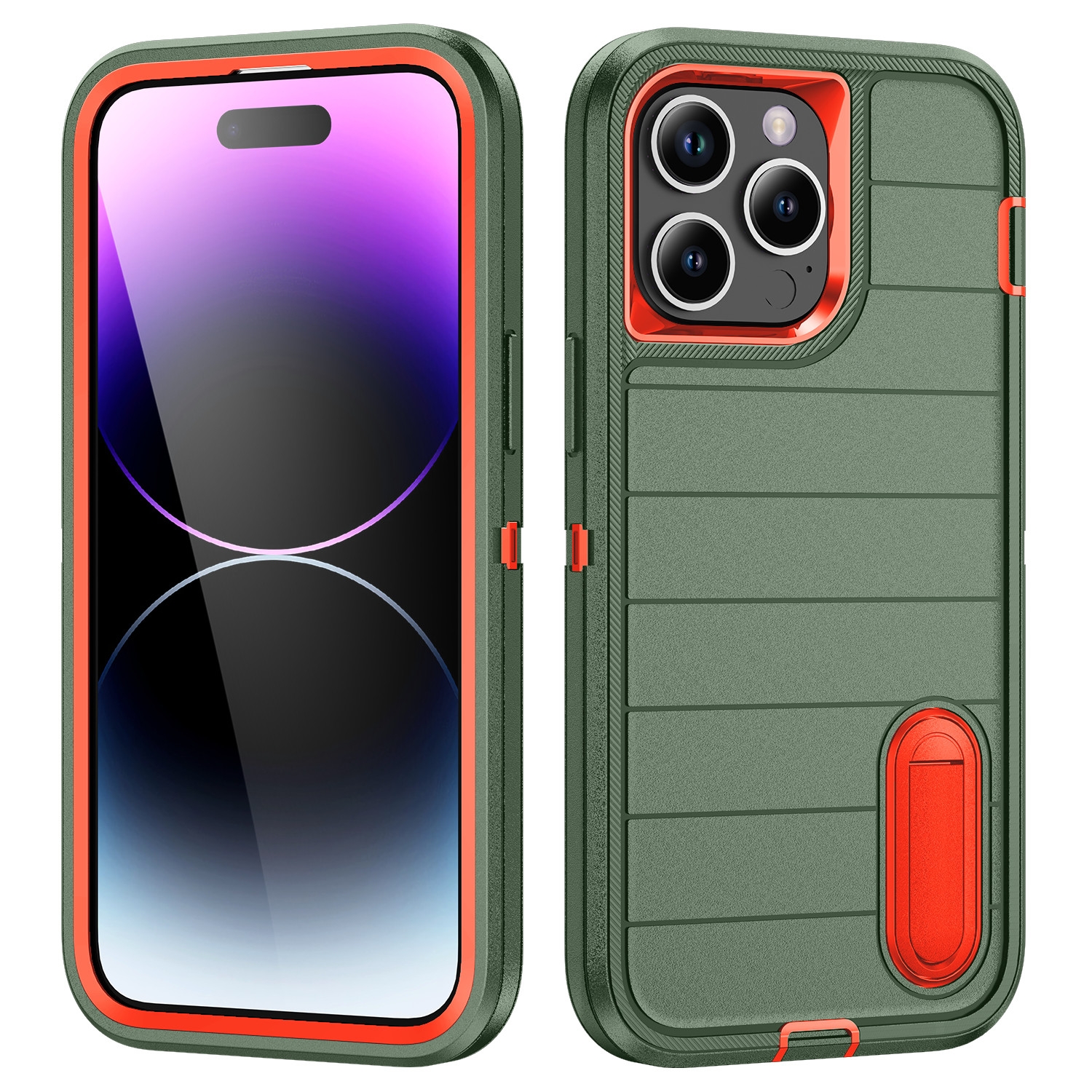 For iPhone 14 Pro Defender Gen2 Rugged PC + Silicone Phone Case with Holder(Dark Green+Orange) - Shopkiz.com