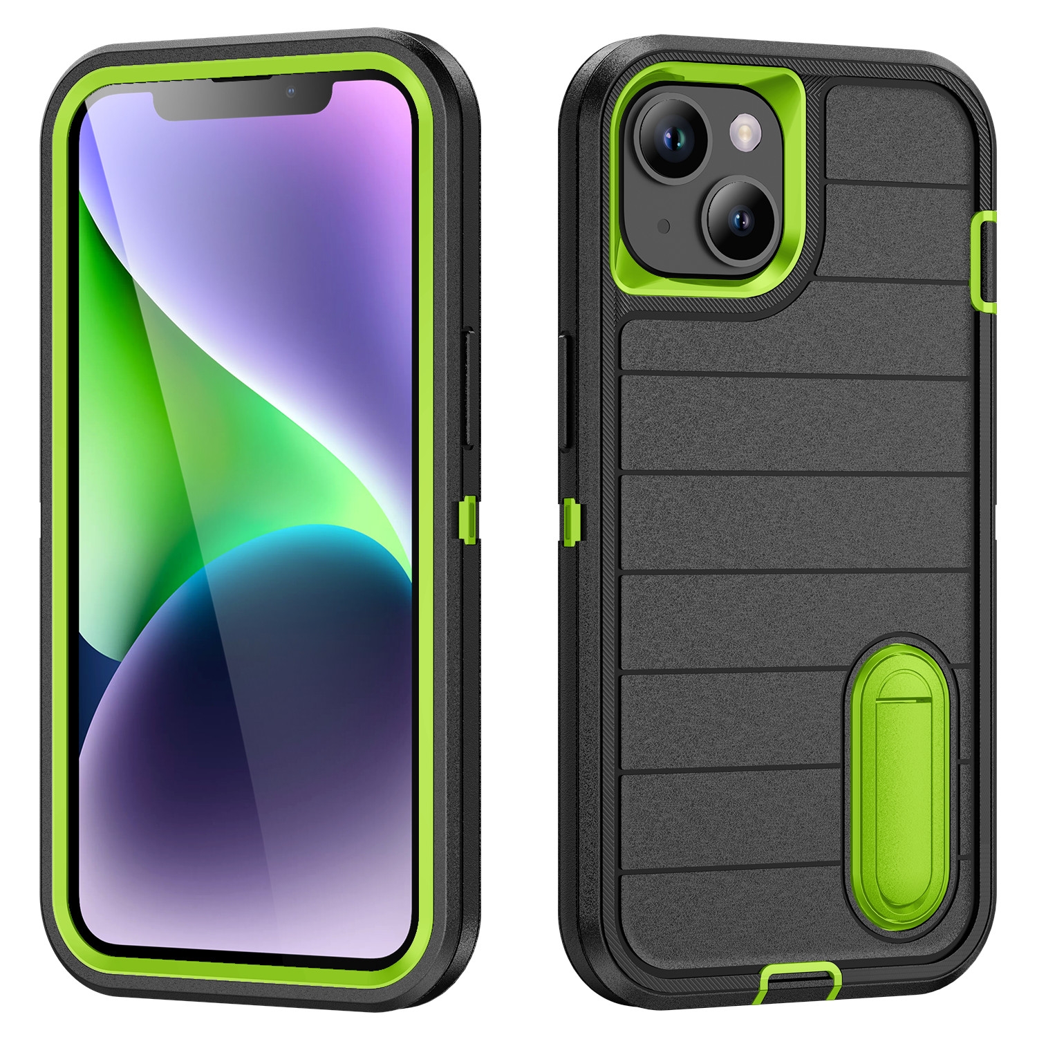 For iPhone 14 Plus Defender Gen2 Rugged PC + Silicone Phone Case with Holder(Black+Green) - Shopkiz.com
