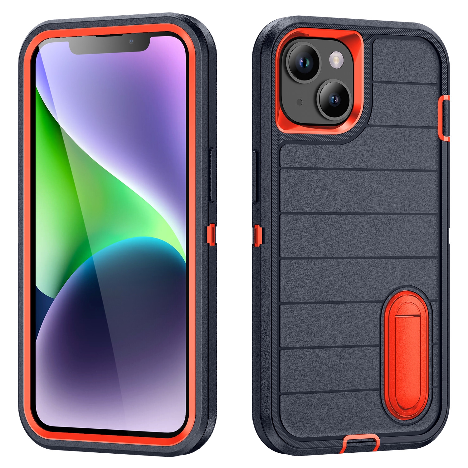 For iPhone 14 Plus Defender Gen2 Rugged PC + Silicone Phone Case with Holder(Dark Blue+Orange) - Shopkiz.com