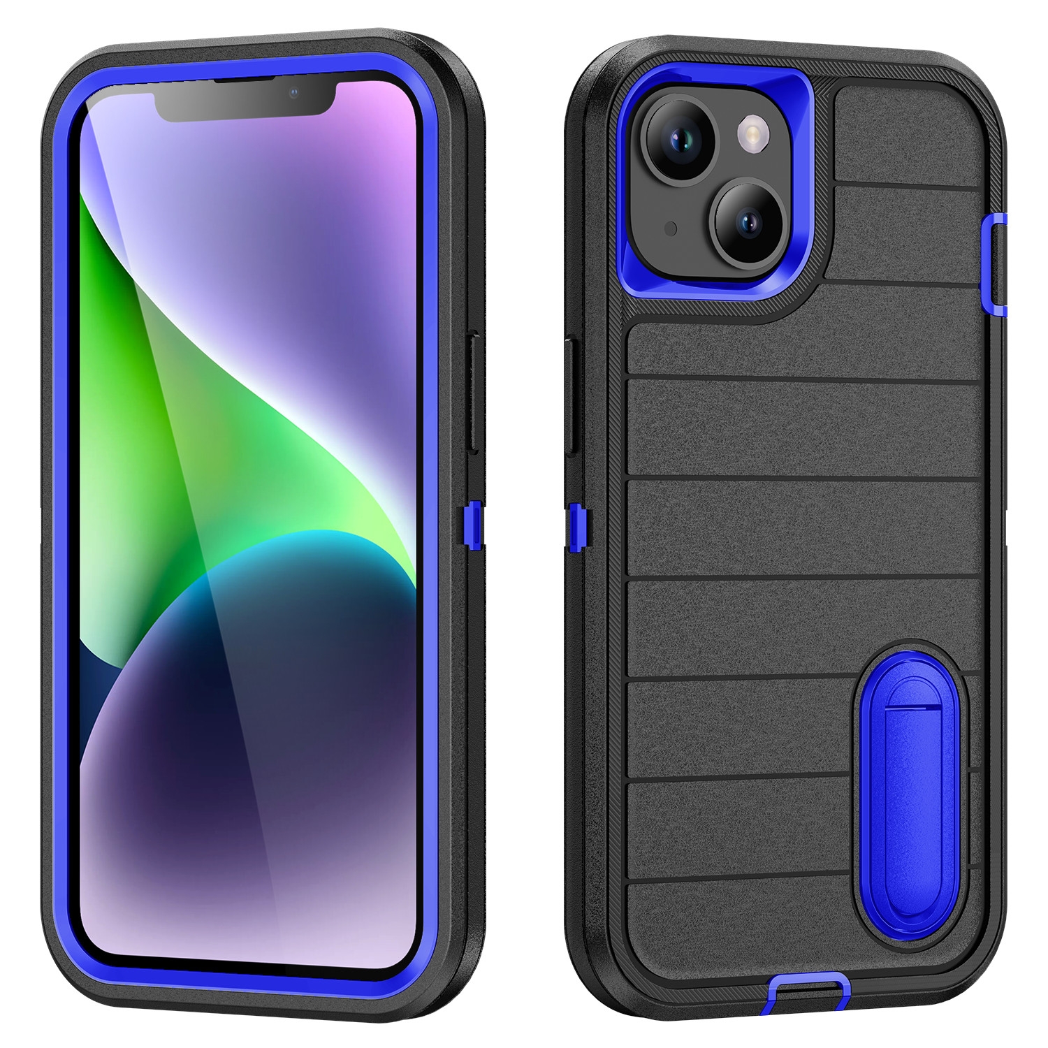 For iPhone 14 Defender Gen2 Rugged PC + Silicone Phone Case with Holder(Black+Dark Blue) - Shopkiz.com