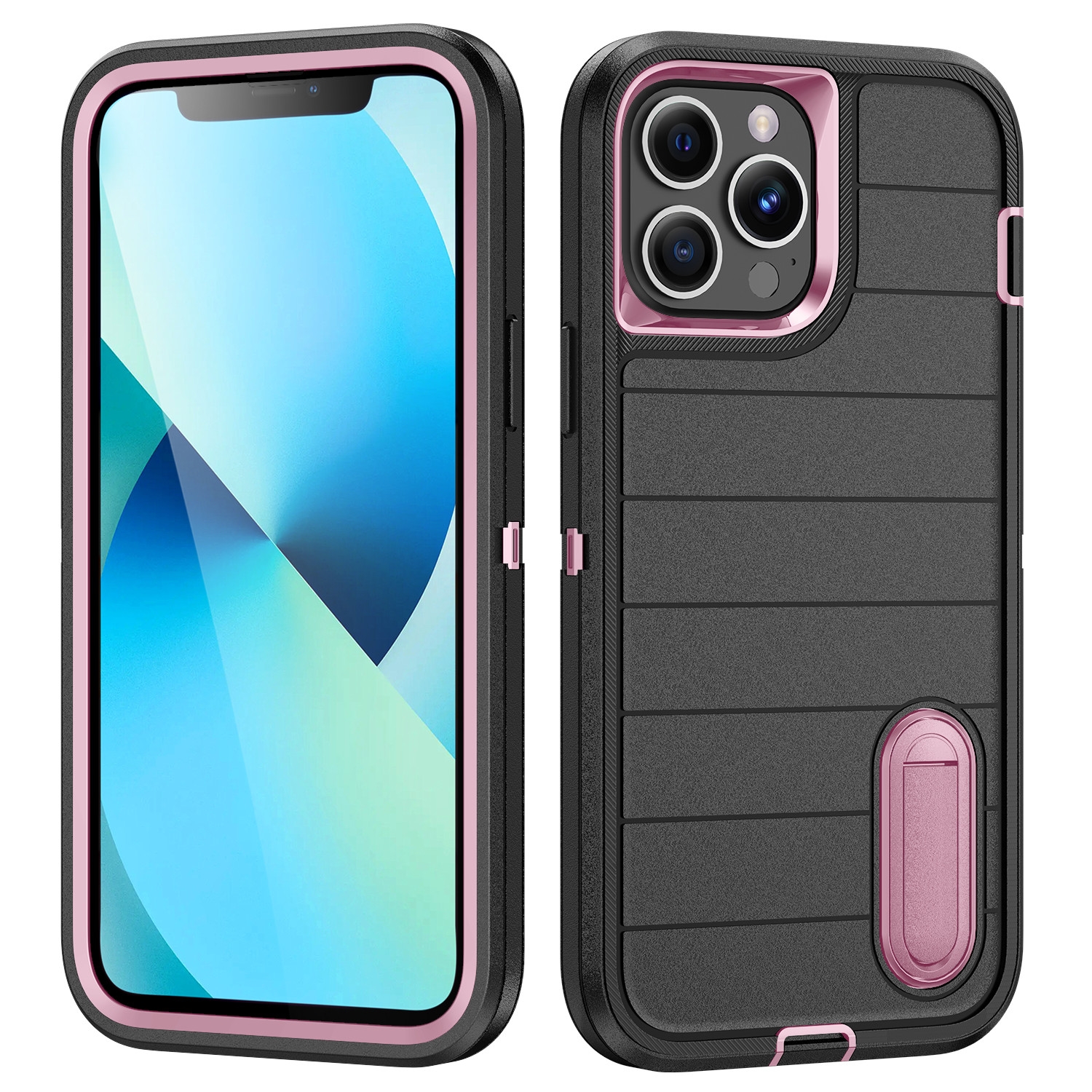 For iPhone 13 Pro Max Defender Gen2 Rugged PC + Silicone Phone Case with Holder(Black+Light Pink) - Shopkiz.com