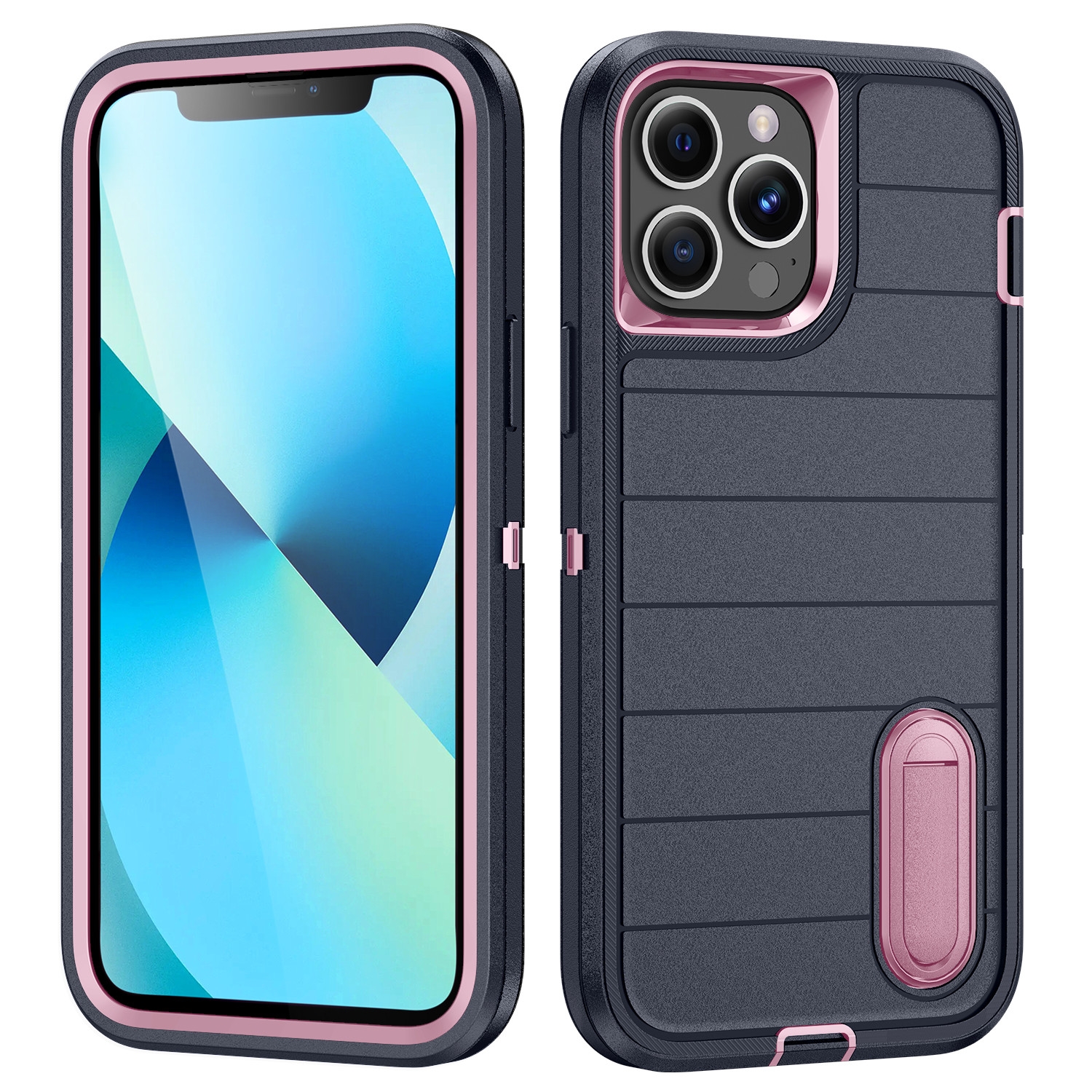 For iPhone 13 Pro Max Defender Gen2 Rugged PC + Silicone Phone Case with Holder(Dark Blue+Light Pink) - Shopkiz.com