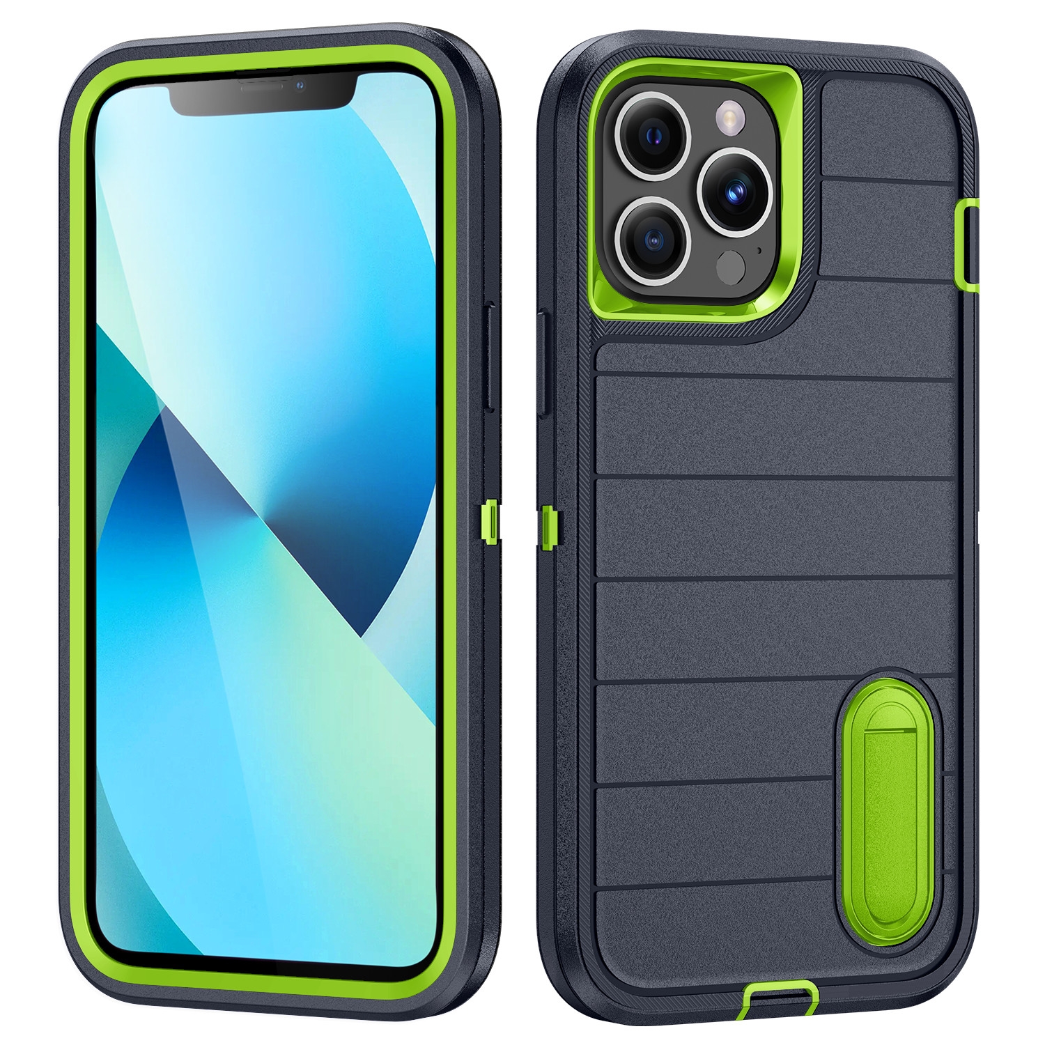 For iPhone 13 Pro Defender Gen2 Rugged PC + Silicone Phone Case with Holder(Dark Blue+Green) - Shopkiz.com