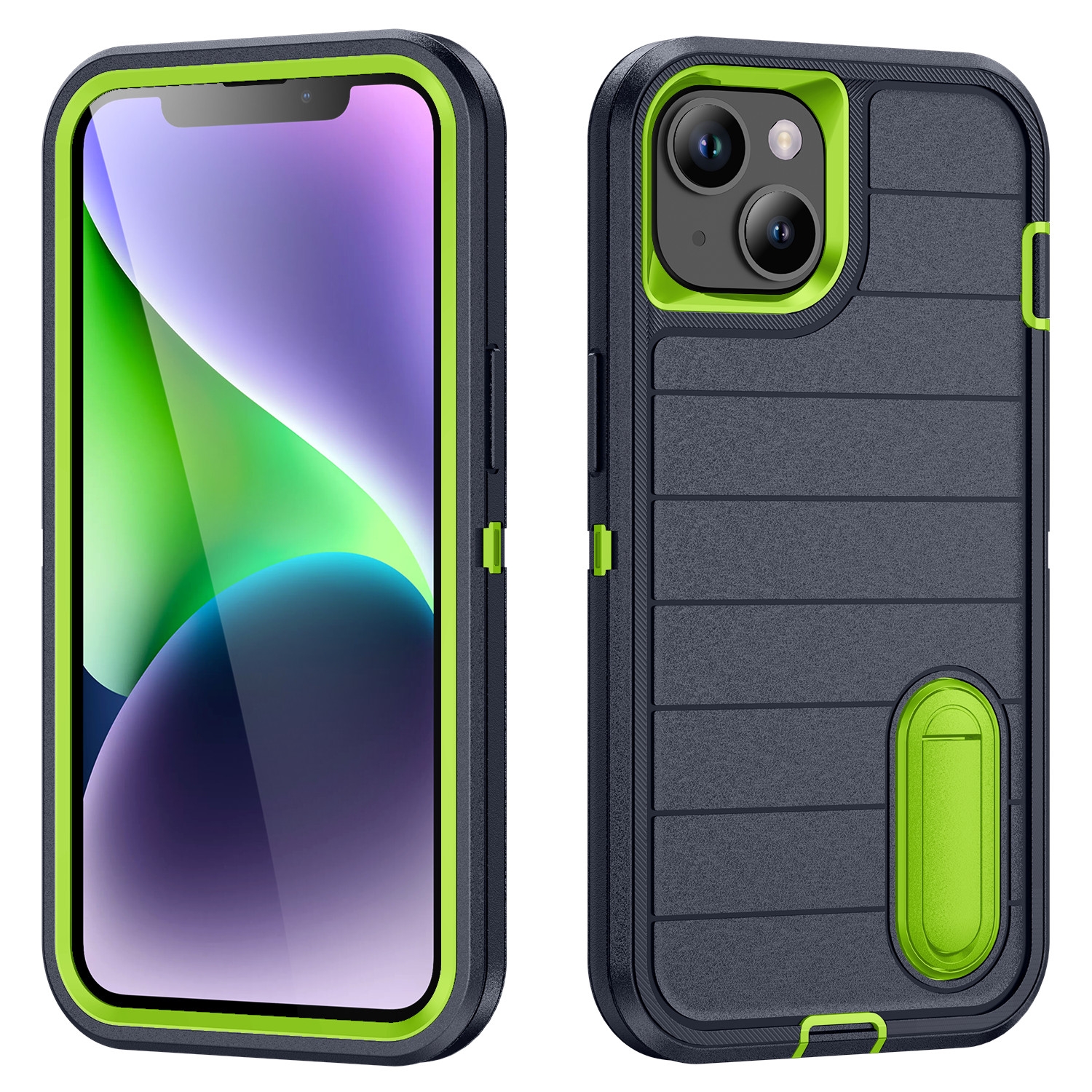 For iPhone 13 Defender Gen2 Rugged PC + Silicone Phone Case with Holder(Dark Blue+Green) - Shopkiz.com