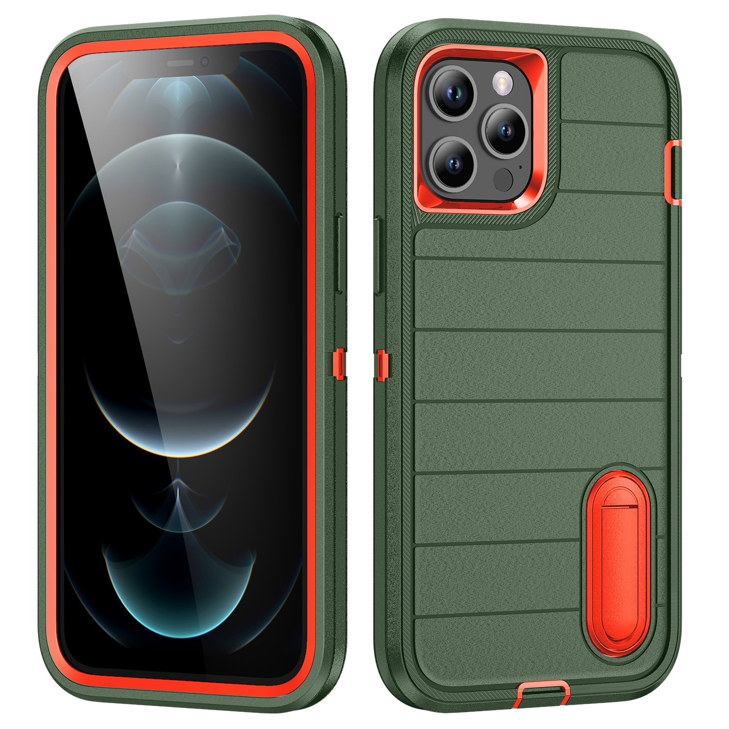 For iPhone 12 Pro Max Defender Gen2 Rugged PC + Silicone Phone Case with Holder(Dark Green+Orange) - Shopkiz.com