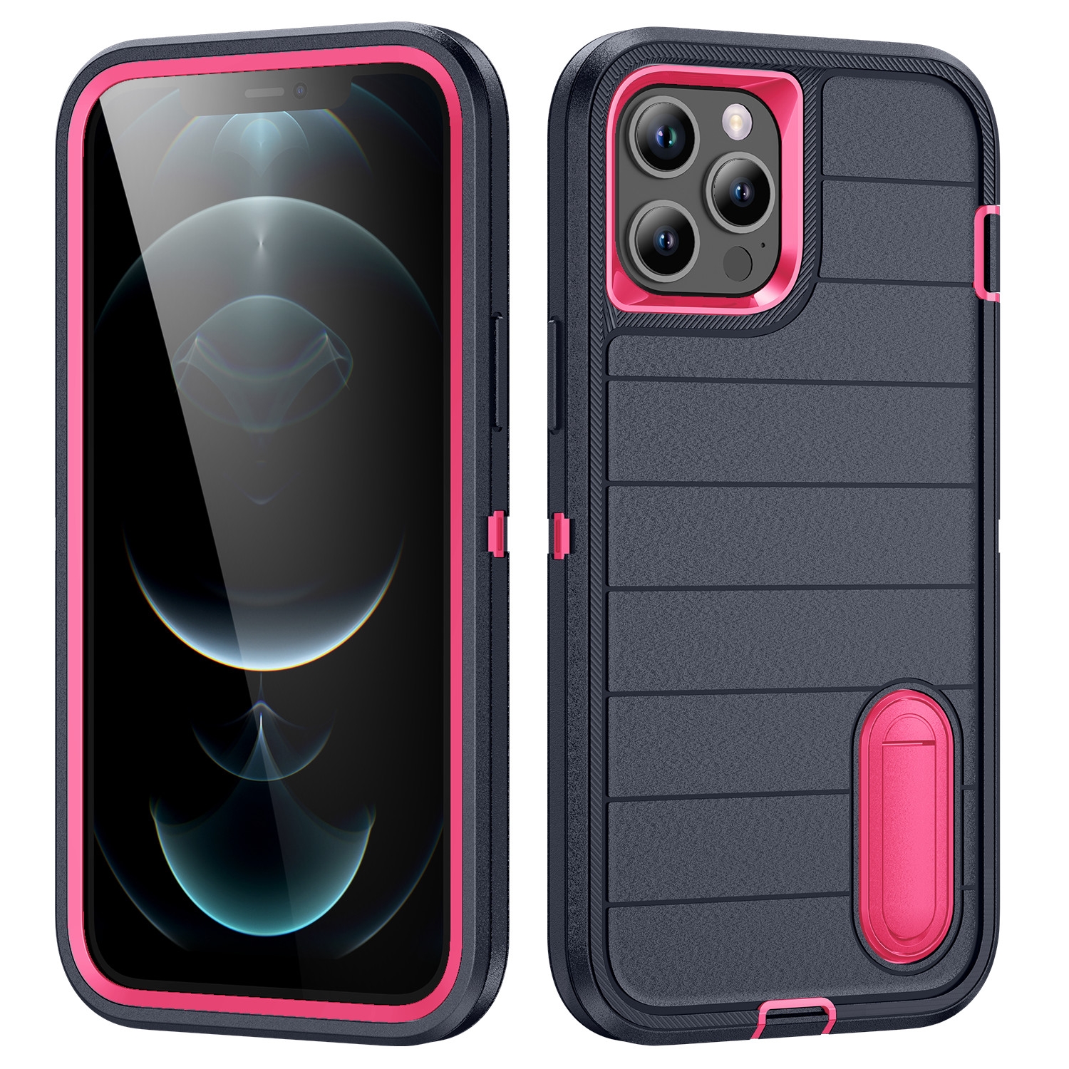 For iPhone 12 Pro Defender Gen2 Rugged PC + Silicone Phone Case with Holder(Dark Blue+Pink) - Shopkiz.com