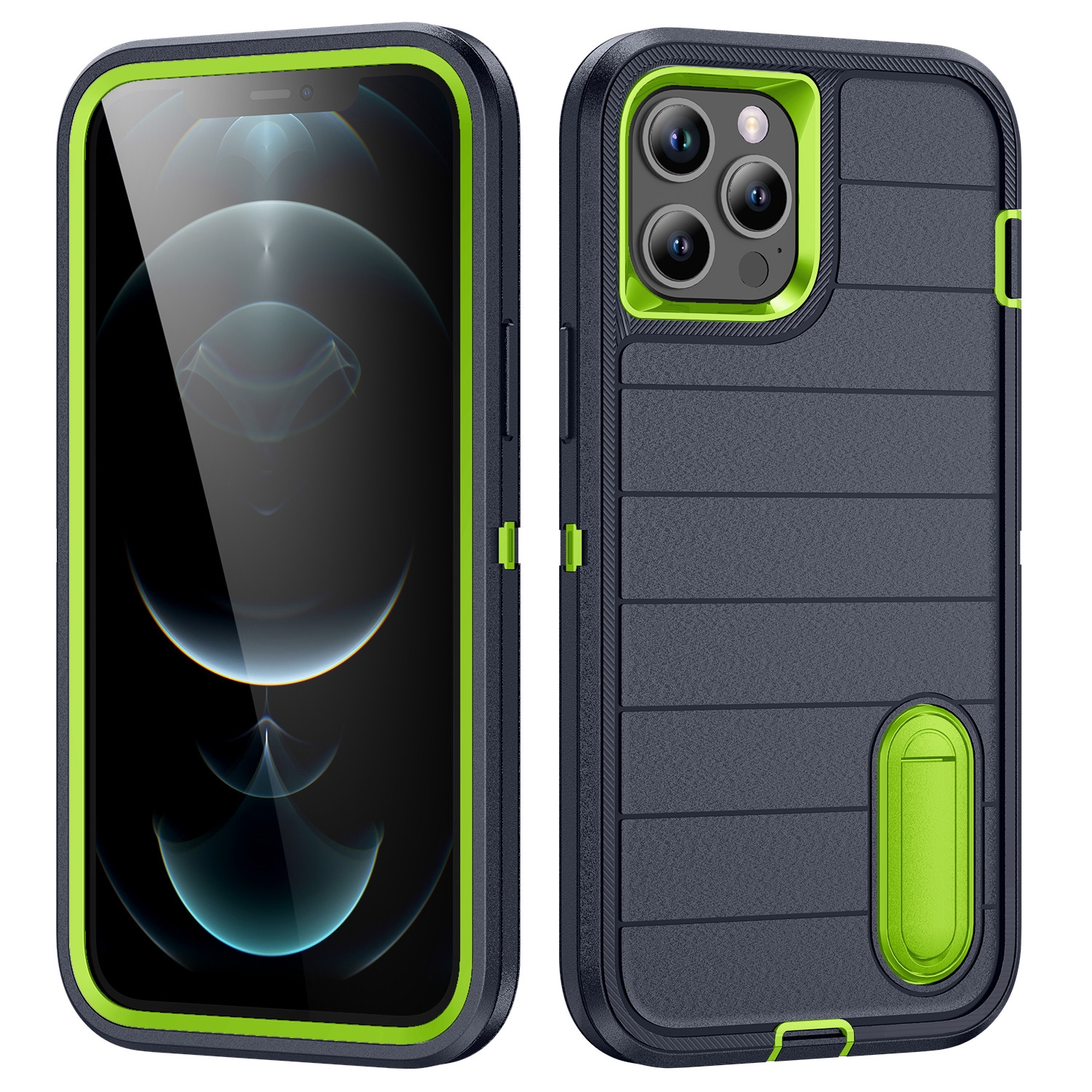 For iPhone 12 Pro Defender Gen2 Rugged PC + Silicone Phone Case with Holder(Dark Blue+Green) - Shopkiz.com