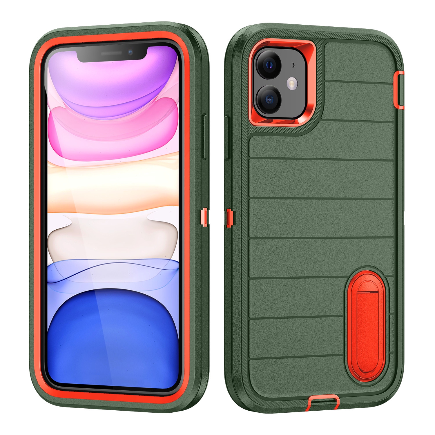 For iPhone 12 Defender Gen2 Rugged PC + Silicone Phone Case with Holder(Dark Green+Orange) - Shopkiz.com