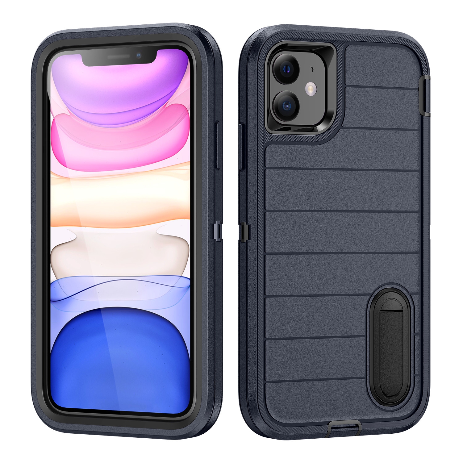 For iPhone 11 Defender Gen2 Rugged PC + Silicone Phone Case with Holder(Dark Blue+Black) - Shopkiz.com