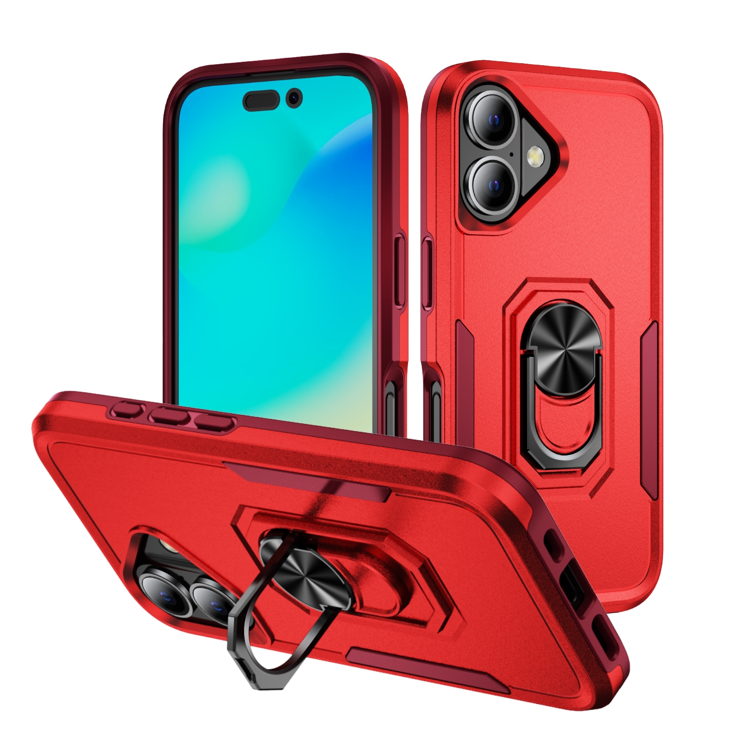 For iPhone 16 Plus Pioneer Armor Heavy Duty PC + TPU Phone Case with Holder(Red+Rose Red) - Shopkiz.com