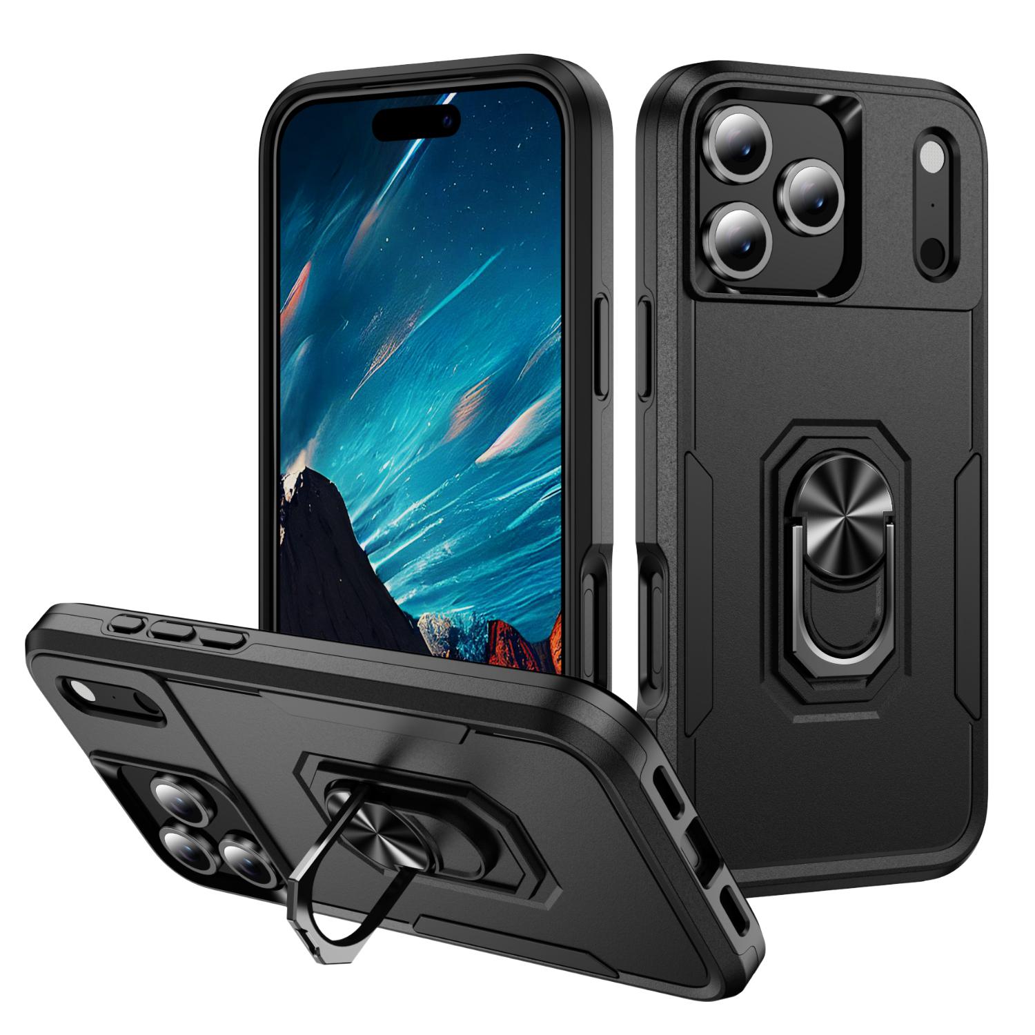 For iPhone 17 Pro Max Pioneer Armor Heavy Duty PC + TPU Phone Case with Holder(Black) - Shopkiz.com