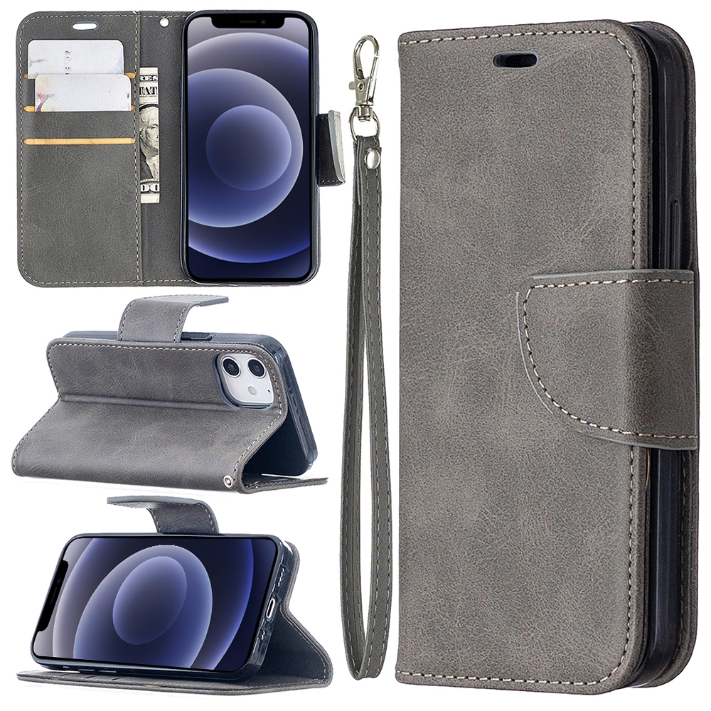 For iPhone 12 mini Retro Lambskin Texture Pure Color Horizontal Flip PU Leather Case, with Holder & Card Slots & Wallet & Lanyard(Grey) - Shopkiz.com
