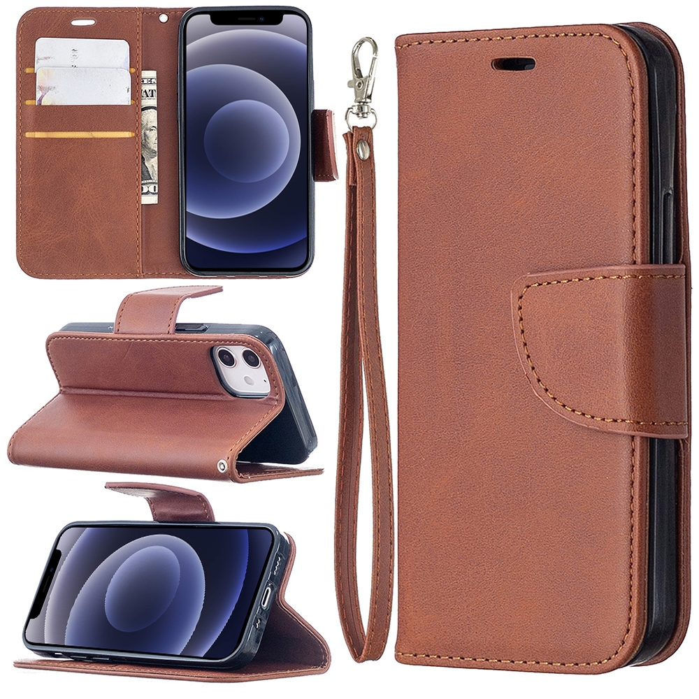 For iPhone 12 mini Retro Lambskin Texture Pure Color Horizontal Flip PU Leather Case, with Holder & Card Slots & Wallet & Lanyard(Brown) - Shopkiz.com