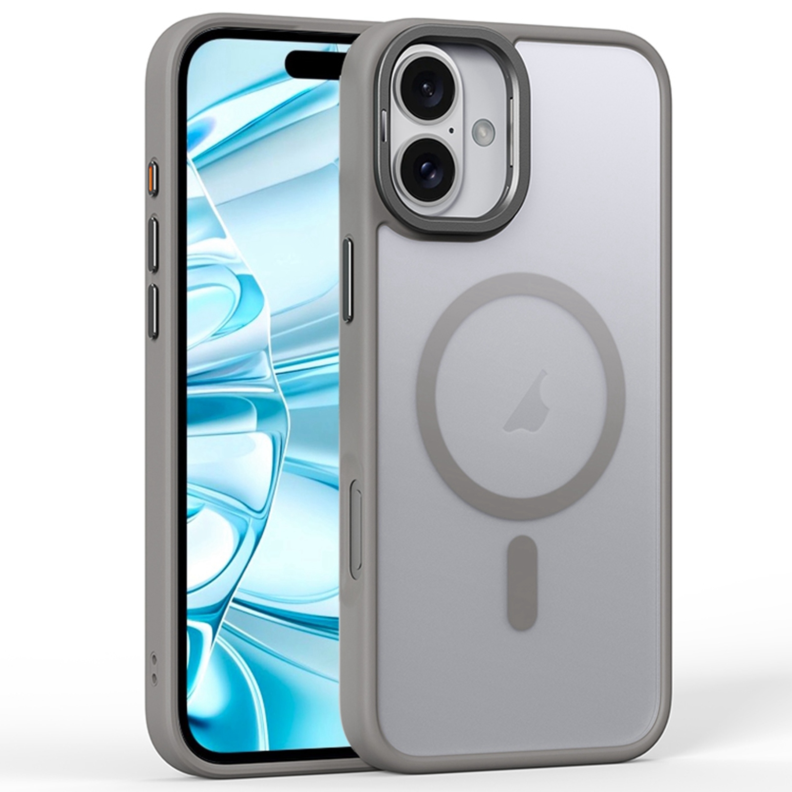 For iPhone 16 Frosted Lens Holder MagSafe Magnetic Phone Case(Grey) - Shopkiz.com