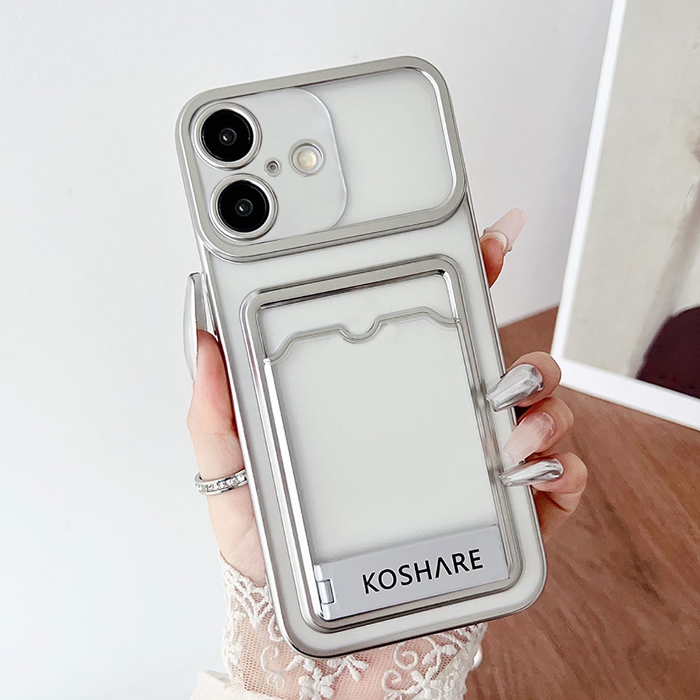 For iPhone 16 Plus Electroplating Card Bag Holder TPU Phone Case(Silver) - Shopkiz.com