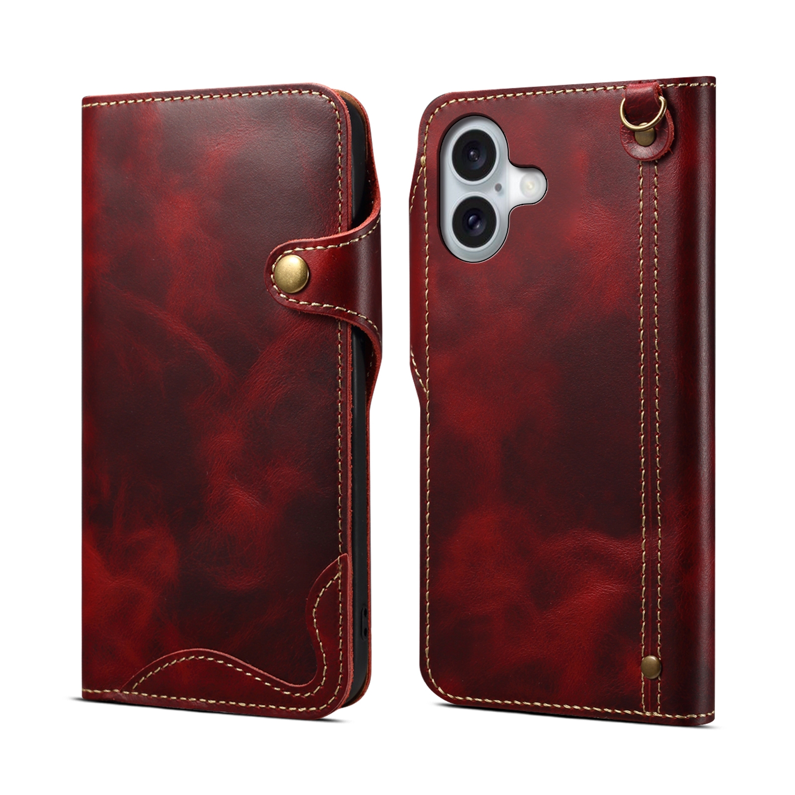For iPhone 16 Denior B01 Oil Wax Cowhide Magnetic Button Genuine Leather Case(Red) - Shopkiz.com