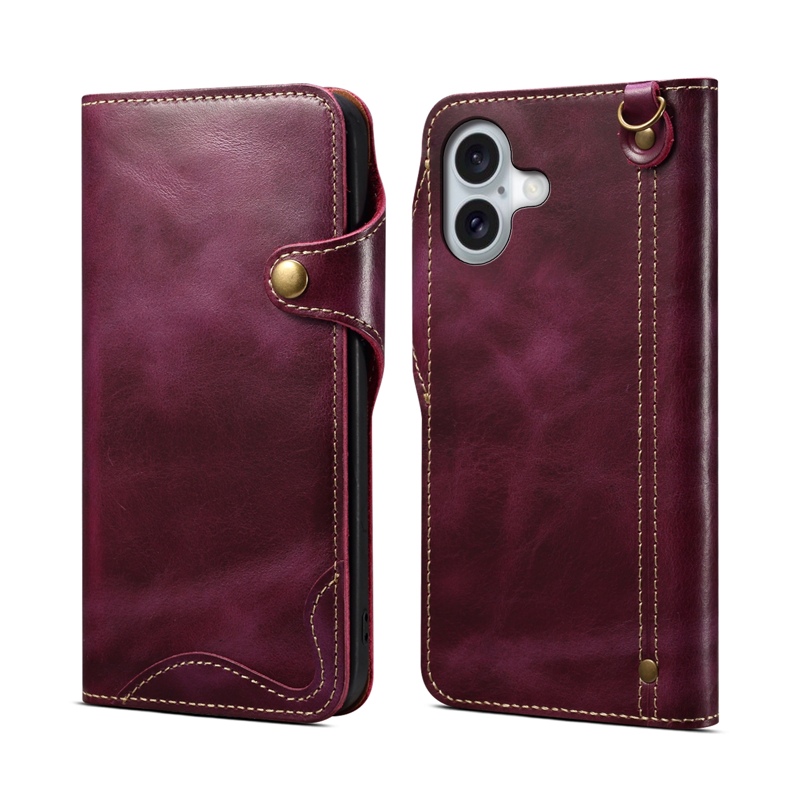 For iPhone 16 Plus Denior B01 Oil Wax Cowhide Magnetic Button Genuine Leather Case(Purple) - Shopkiz.com