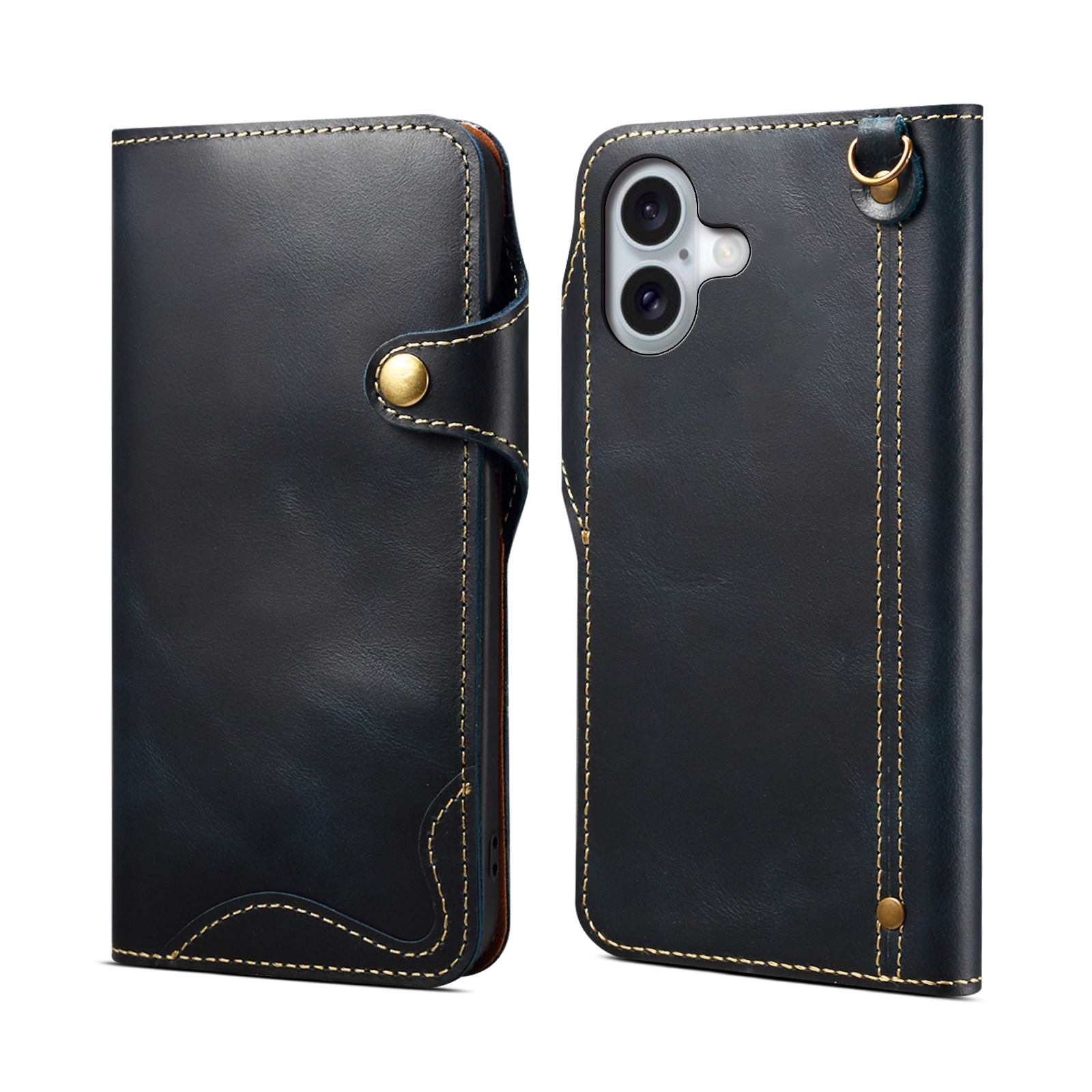 For iPhone 16 Plus Denior B01 Oil Wax Cowhide Magnetic Button Genuine Leather Case(Blue) - Shopkiz.com