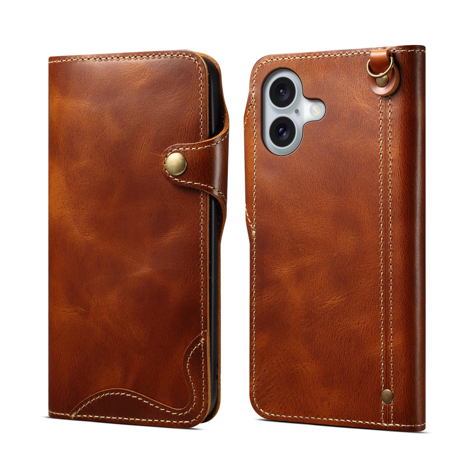 For iPhone 16 Plus Denior B01 Oil Wax Cowhide Magnetic Button Genuine Leather Case(Brown) - Shopkiz.com