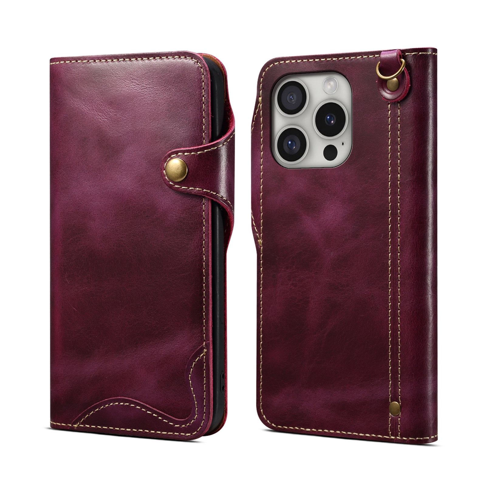 For iPhone 16 Pro Denior B01 Oil Wax Cowhide Magnetic Button Genuine Leather Case(Purple) - Shopkiz.com