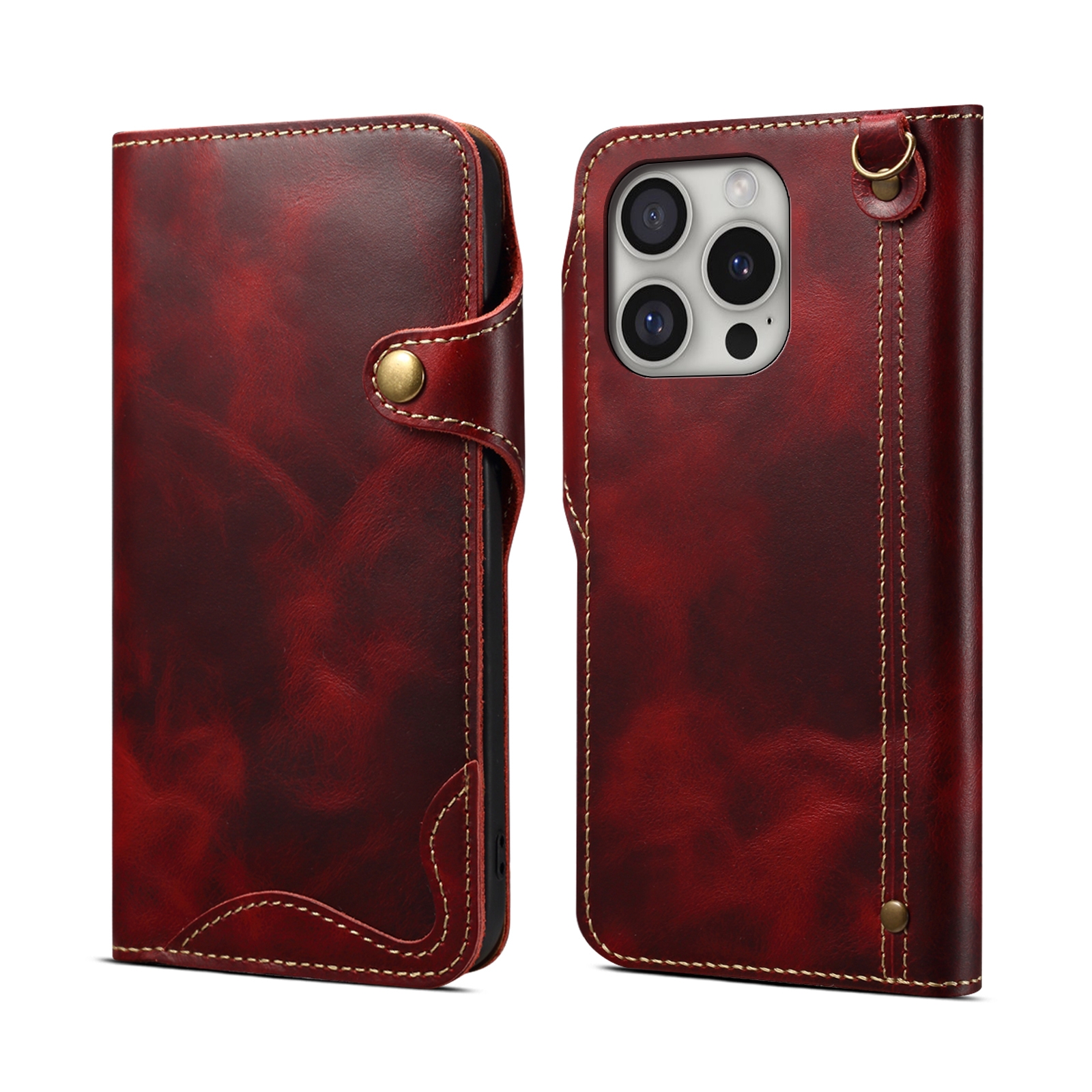 For iPhone 16 Pro Max Denior B01 Oil Wax Cowhide Magnetic Button Genuine Leather Case(Red) - Shopkiz.com