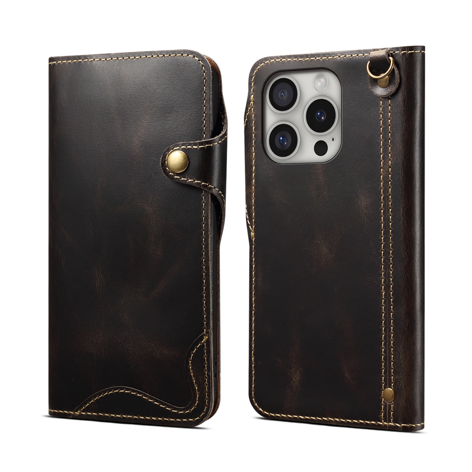 For iPhone 16 Pro Max Denior B01 Oil Wax Cowhide Magnetic Button Genuine Leather Case(Black) - Shopkiz.com