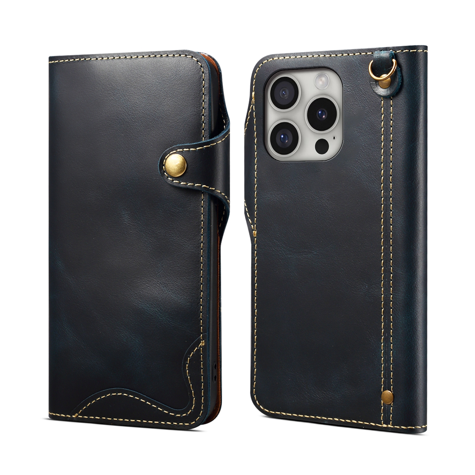 For iPhone 16 Pro Max Denior B01 Oil Wax Cowhide Magnetic Button Genuine Leather Case(Blue) - Shopkiz.com