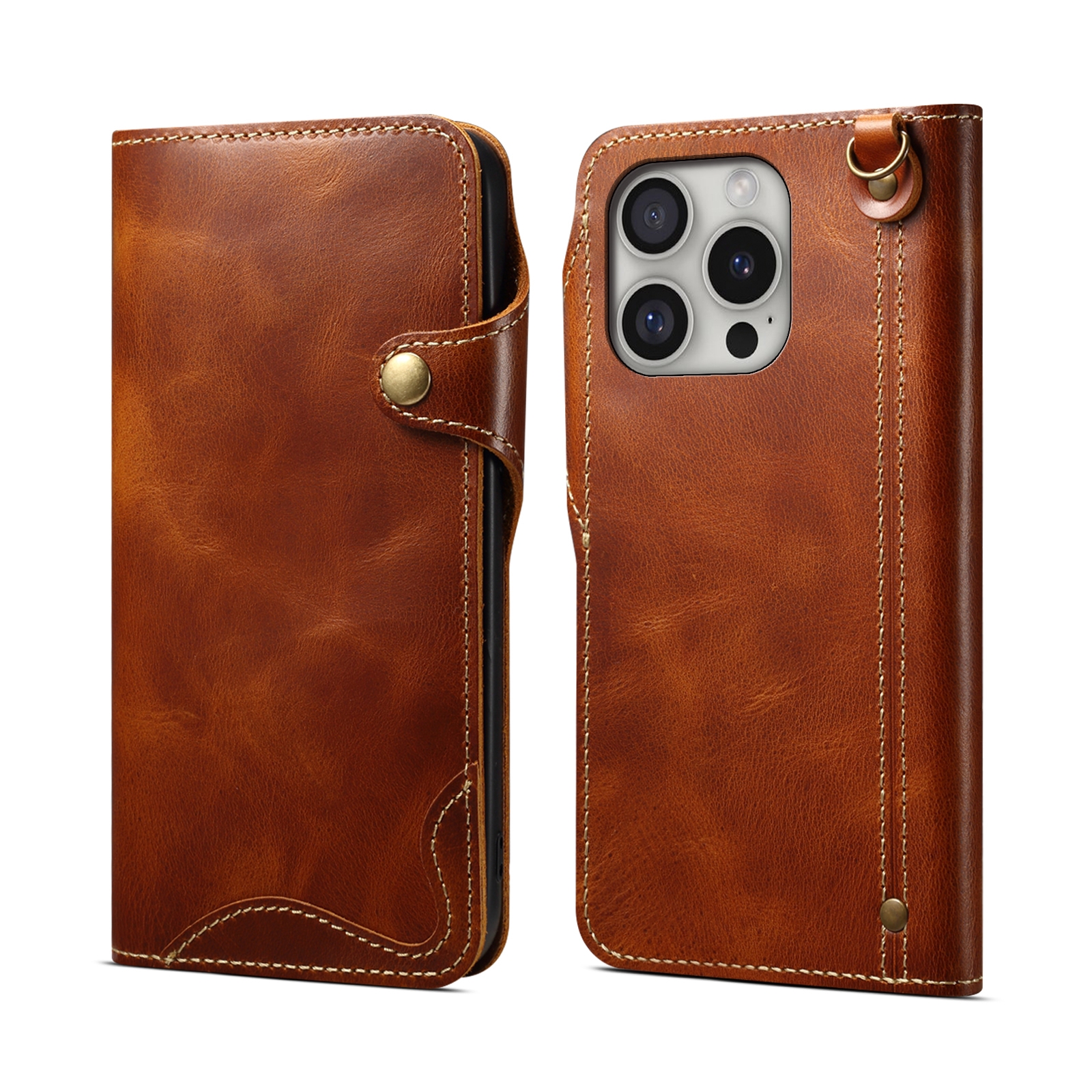 For iPhone 16 Pro Max Denior B01 Oil Wax Cowhide Magnetic Button Genuine Leather Case(Brown) - Shopkiz.com