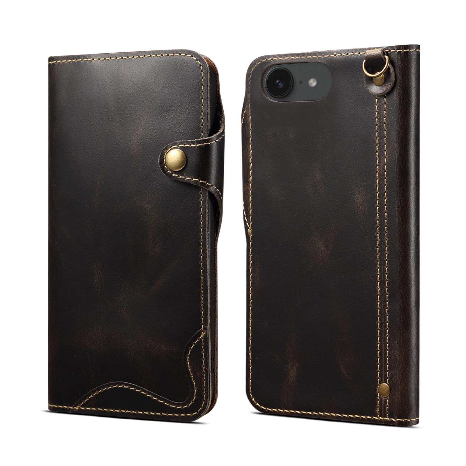 For iPhone 17e / 16e Denior B01 Oil Wax Cowhide Magnetic Button Genuine Leather Case(Black) - Shopkiz.com