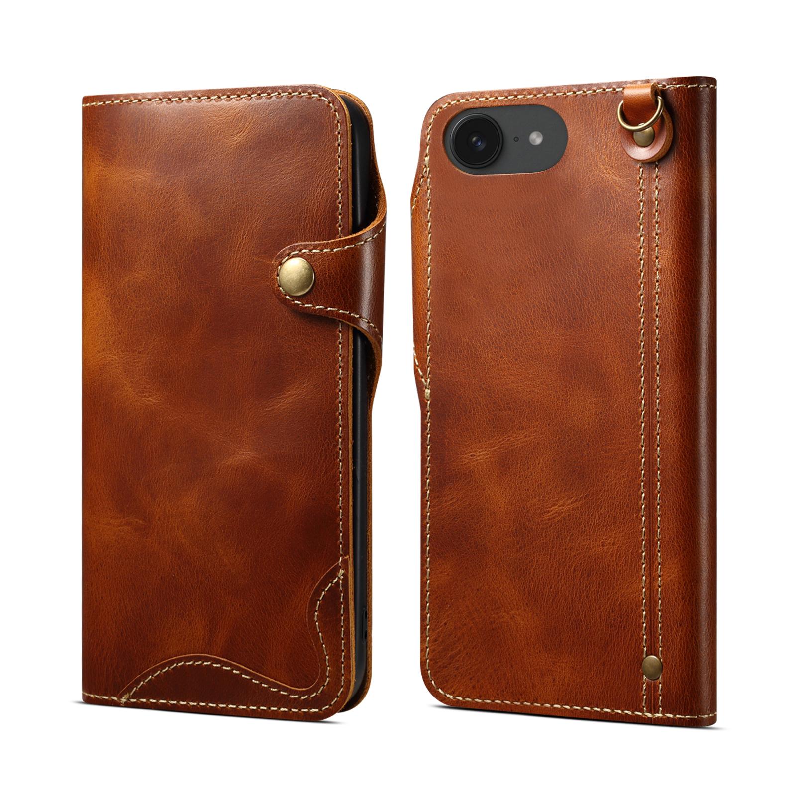 For iPhone 17e / 16e Denior B01 Oil Wax Cowhide Magnetic Button Genuine Leather Case(Brown) - Shopkiz.com