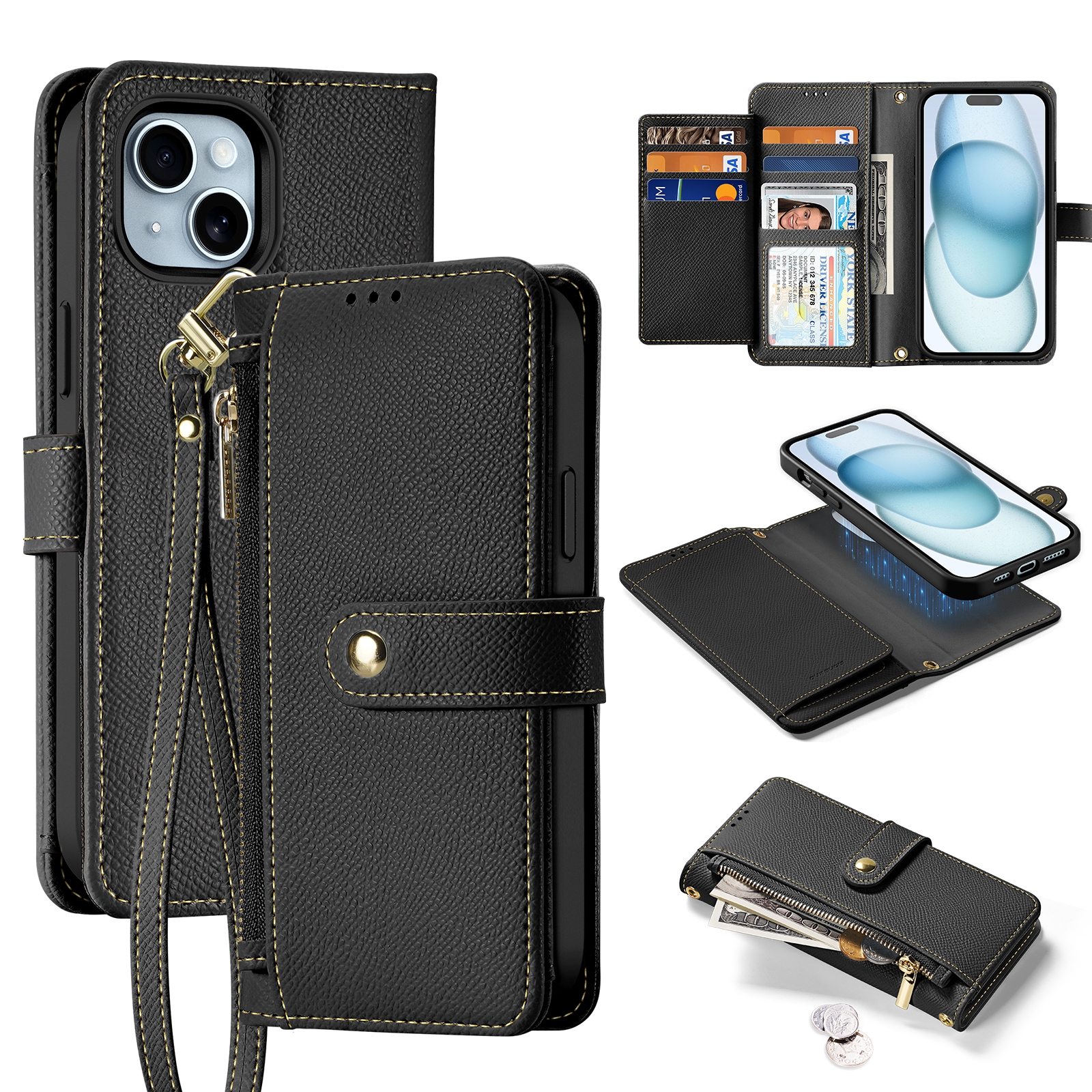 For iPhone 15 Plus DUX DUCIS Lawa Series 2 in 1 Wallet Zipper Detachable MagSafe Phone Case with Lanyard(Black) - Shopkiz.com