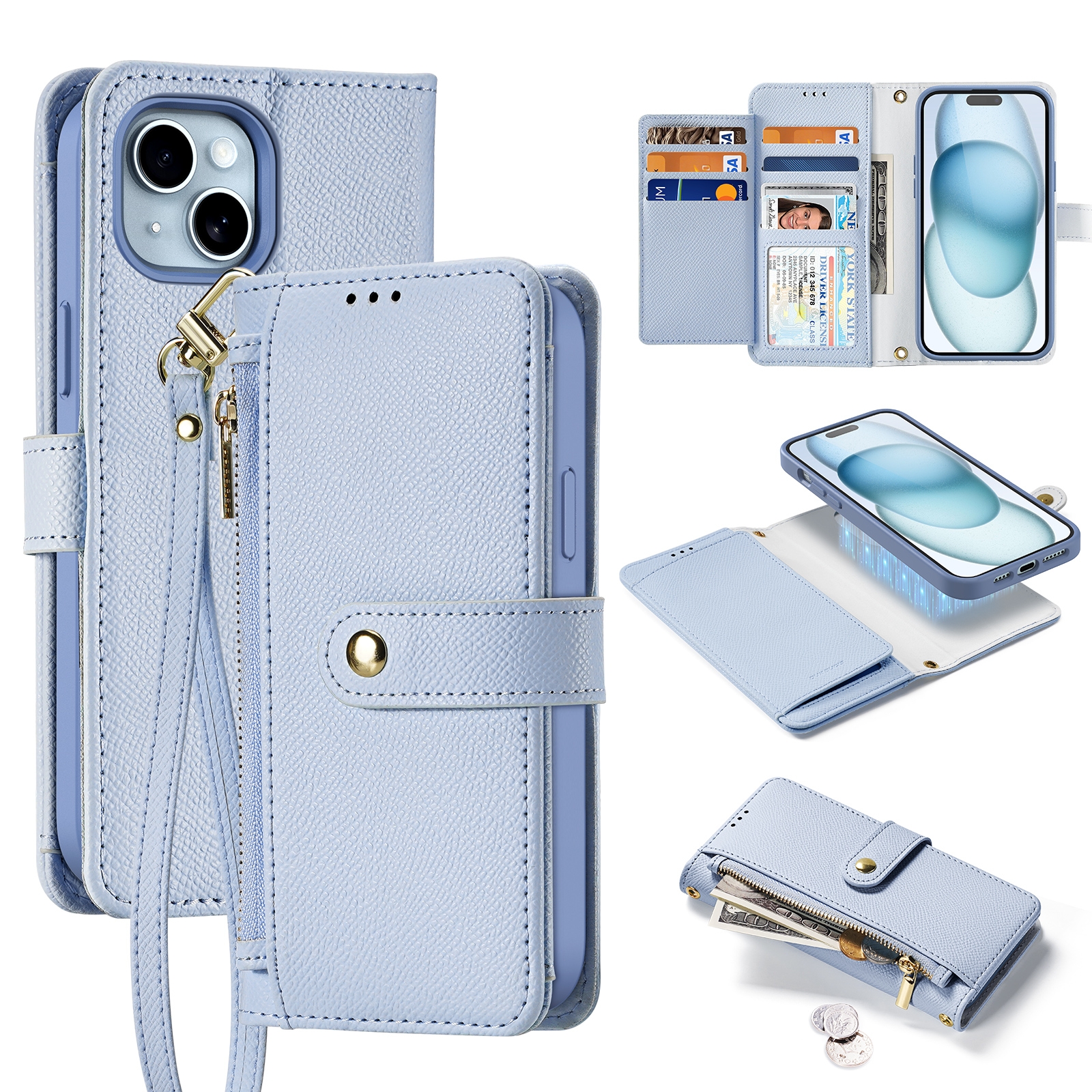For iPhone 15 DUX DUCIS Lawa Series 2 in 1 Wallet Zipper Detachable MagSafe Phone Case with Lanyard(Light Blue) - Shopkiz.com