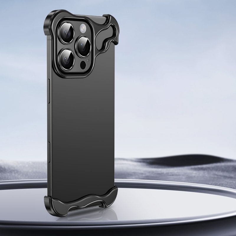 For iPhone 16 Pro Max Frameless Metal Corner Pad Phone Case with Lens Film(Black) - Shopkiz.com