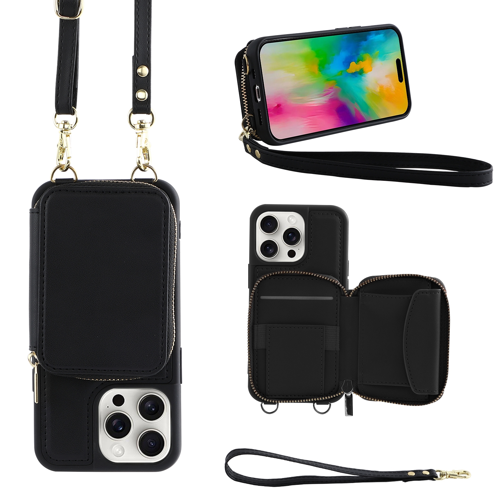 For iPhone 16 Pro Crossbody Zipper Wallet Bag Leather Phone Case with Lanyard(Black) - Shopkiz.com