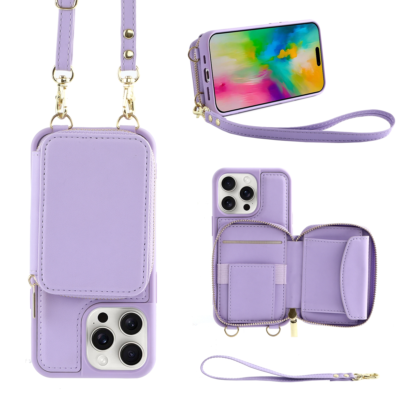 For iPhone 16 Pro Crossbody Zipper Wallet Bag Leather Phone Case with Lanyard(Purple) - Shopkiz.com