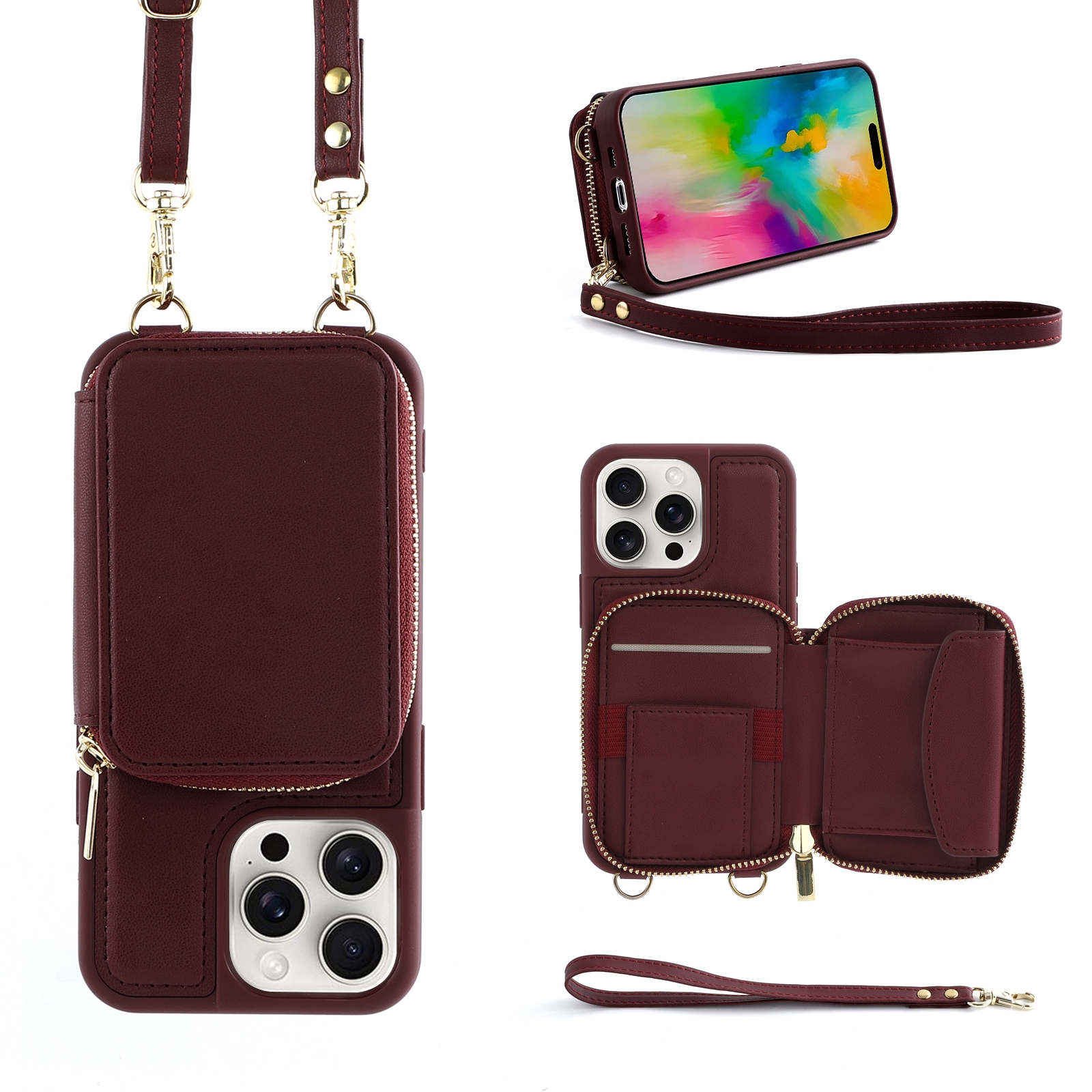 For iPhone 16 Pro Max Crossbody Zipper Wallet Bag Leather Phone Case with Lanyard(Wine Red) - Shopkiz.com
