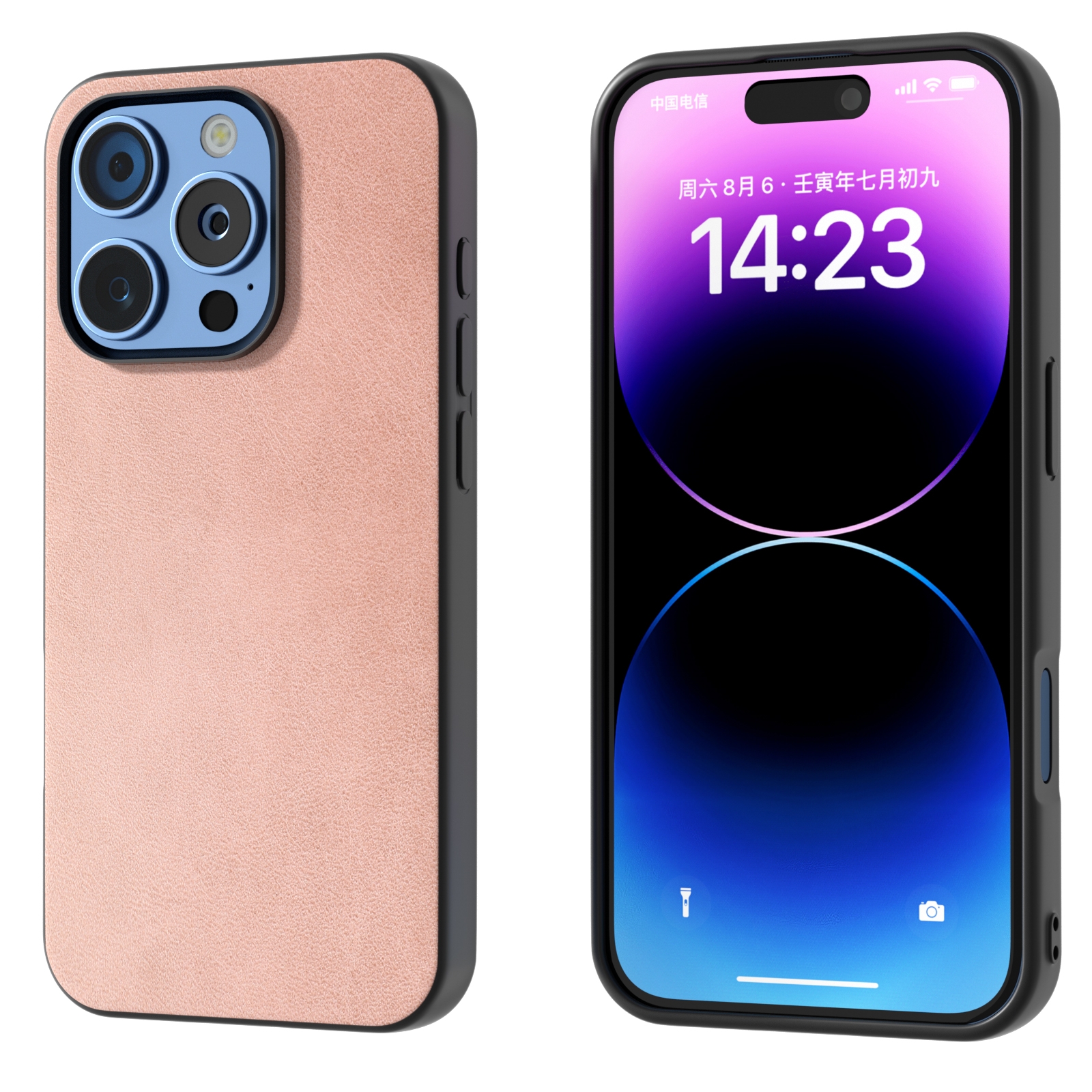 For iPhone 16 Pro Max Black Frame Two-color Calf Texture PU Phone Case(Pink) - Shopkiz.com