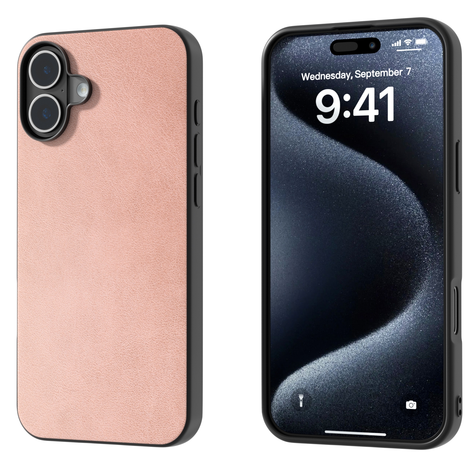 For iPhone 16 Black Frame Two-color Calf Texture PU Phone Case(Pink) - Shopkiz.com