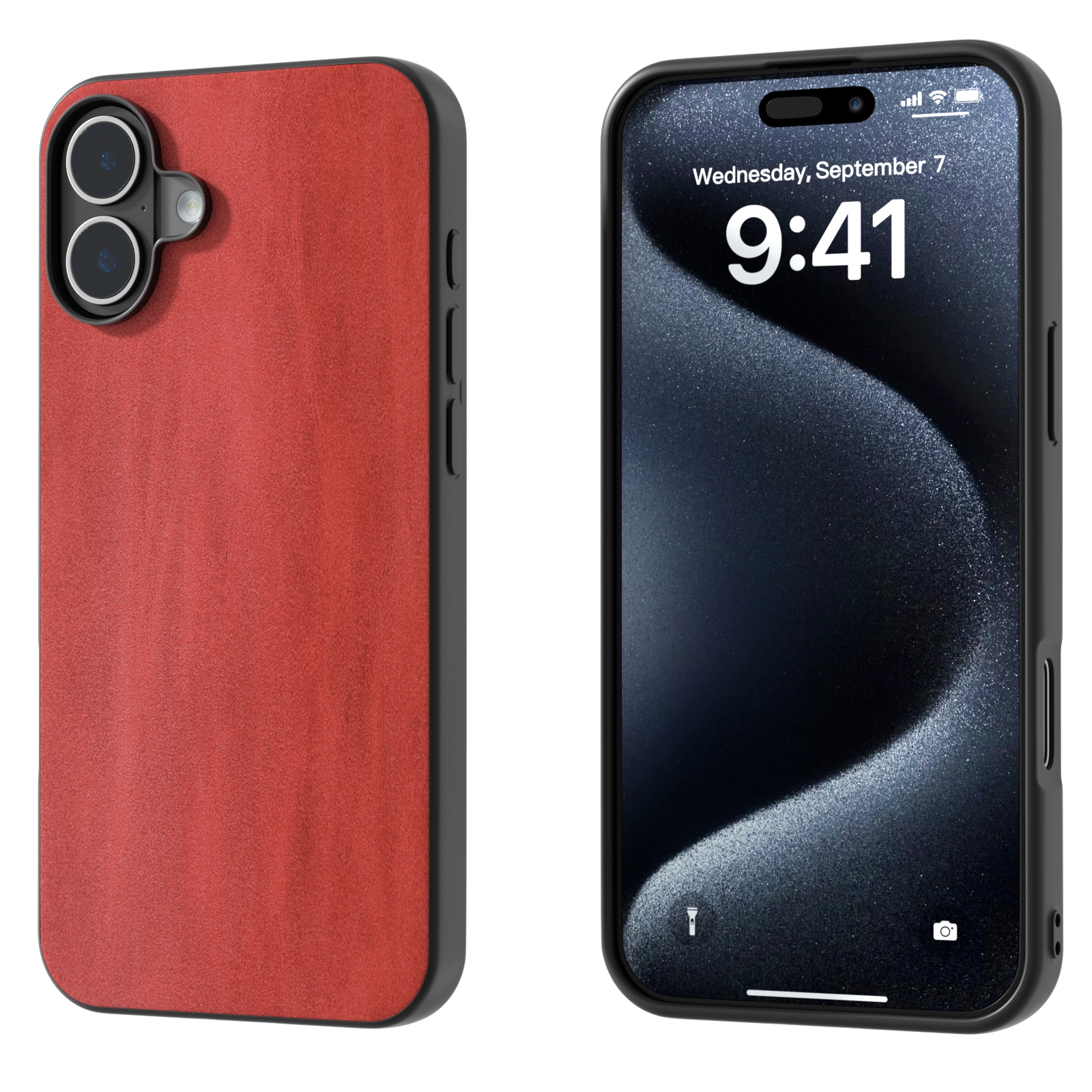 For iPhone 16 Black Frame Two-color Calf Texture PU Phone Case(Red) - Shopkiz.com