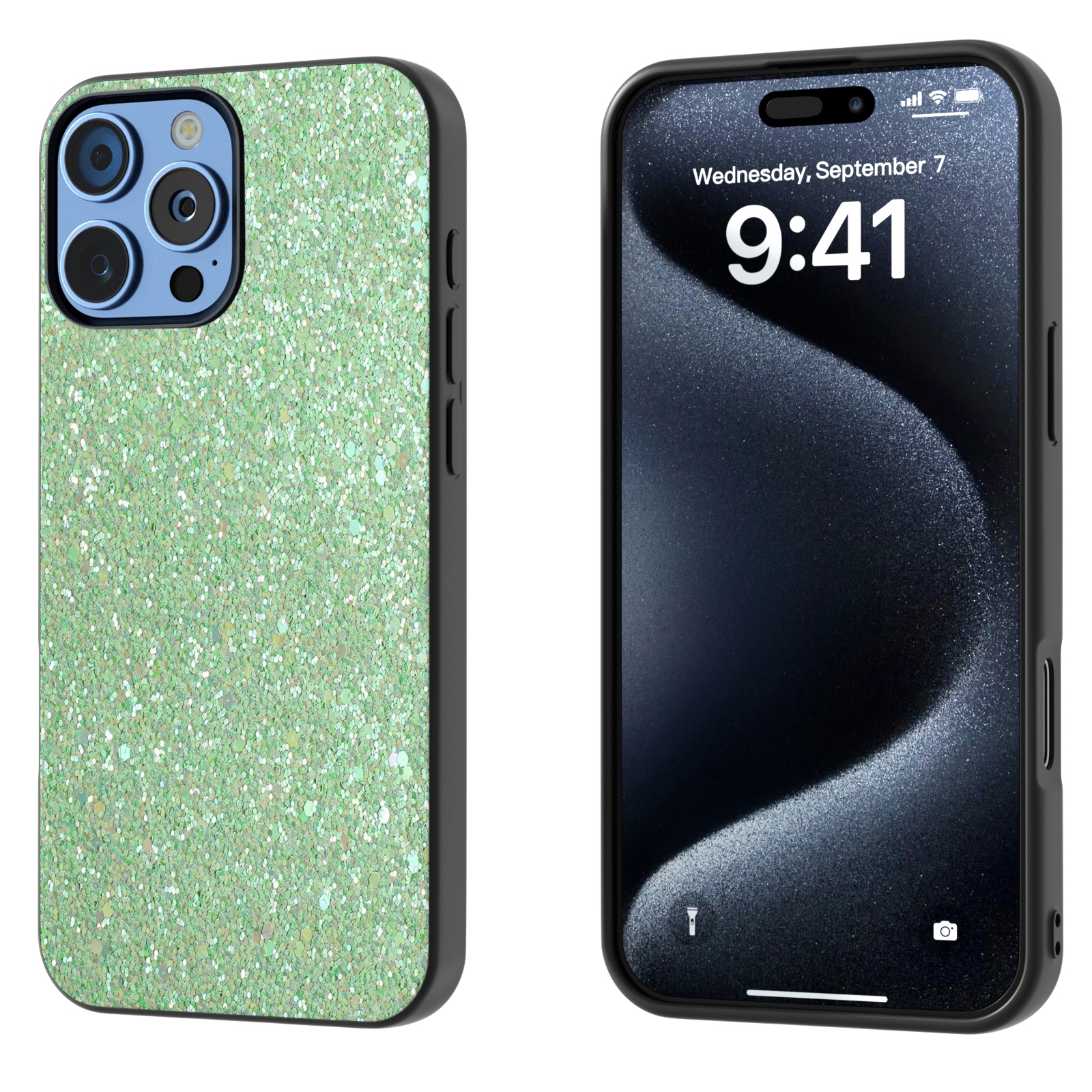 For iPhone 16 Pro Black Frame Colorful Glitter Phone Case(Dark Green) - Shopkiz.com