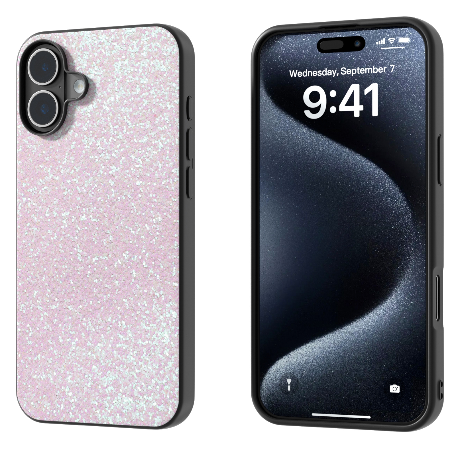 For iPhone 16 Plus Black Frame Colorful Glitter Phone Case(Glitter Pink) - Shopkiz.com