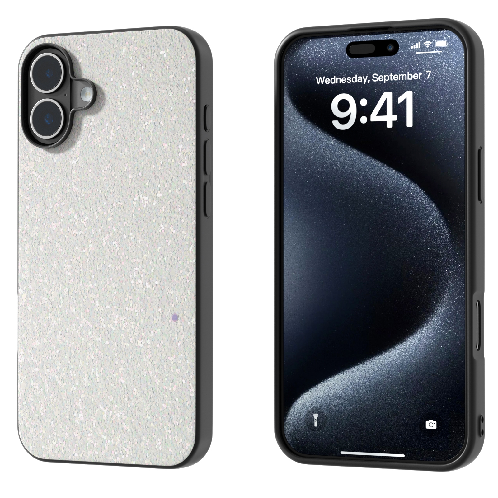 For iPhone 16 Black Frame Colorful Glitter Phone Case(White) - Shopkiz.com