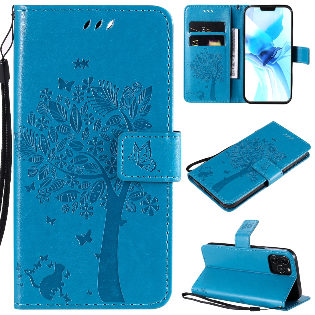 For iPhone 12 / 12 Pro Tree & Cat Embossed Pattern Horizontal Flip Leather Case with Holder & Card Slots & Wallet & Lanyard(Blue) - Shopkiz.com