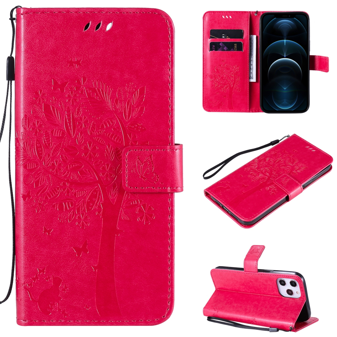 For iPhone 12 Pro Max Tree & Cat Embossed Pattern Horizontal Flip Leather Case with Holder & Card Slots & Wallet & Lanyard(Rose Red) - Shopkiz.com