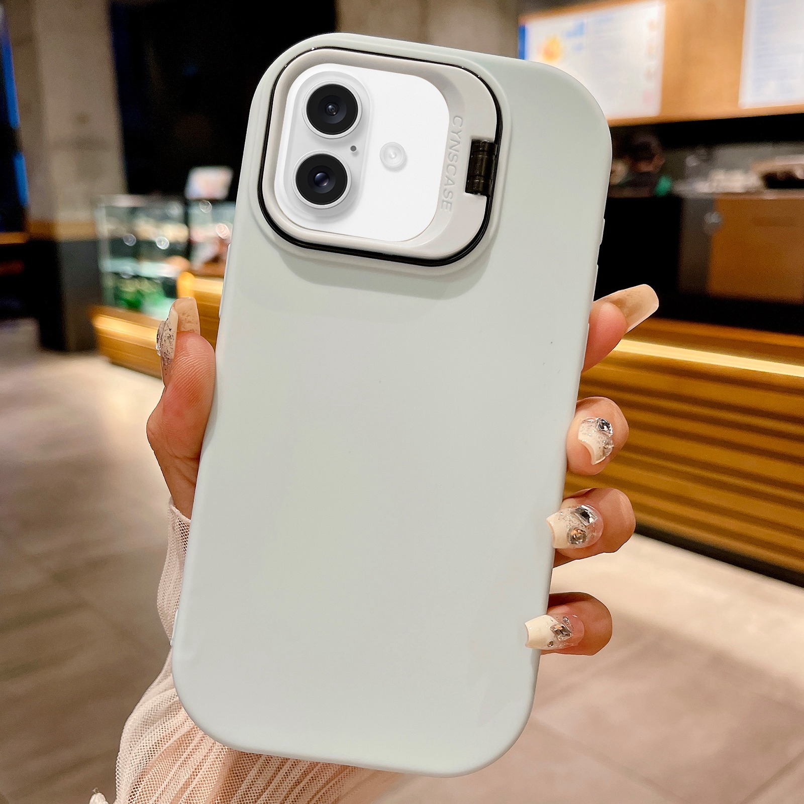 For iPhone 16 Plus Lens Holder Skin Feel TPU Phone Case(White) - Shopkiz.com