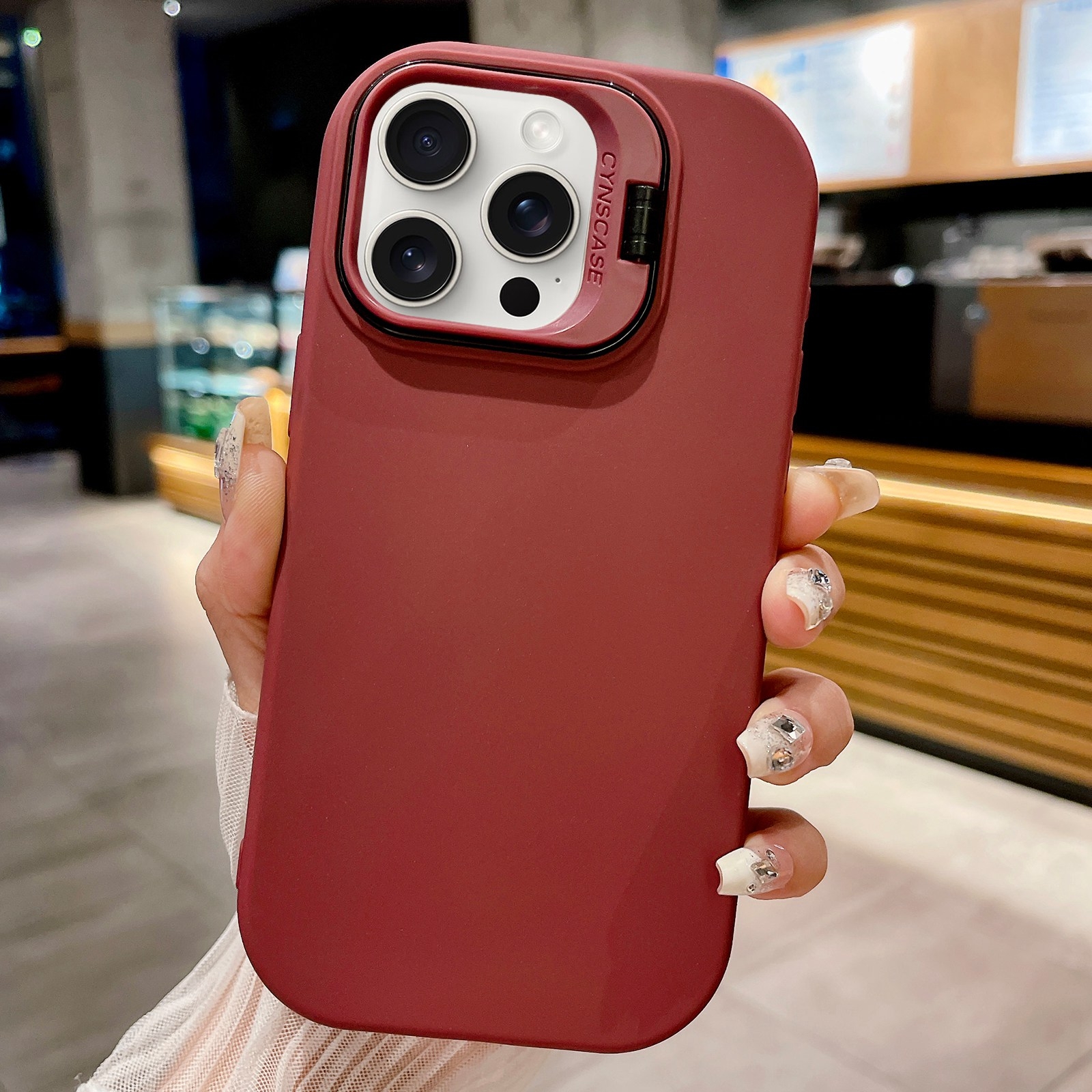 For iPhone 15 Pro Max Lens Holder Skin Feel TPU Phone Case(Wine Red) - Shopkiz.com