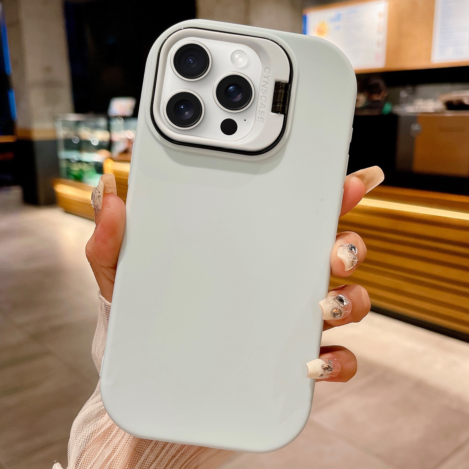 For iPhone 15 Pro Max Lens Holder Skin Feel TPU Phone Case(White) - Shopkiz.com