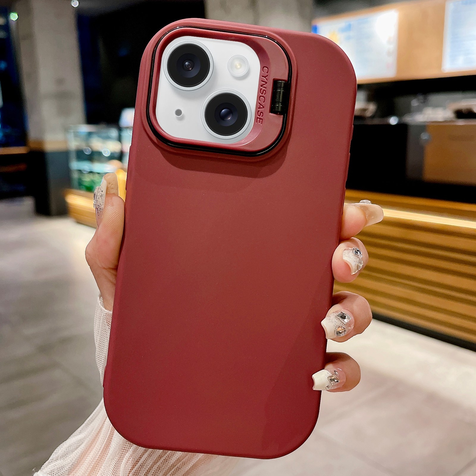 For iPhone 15 Lens Holder Skin Feel TPU Phone Case(Wine Red) - Shopkiz.com