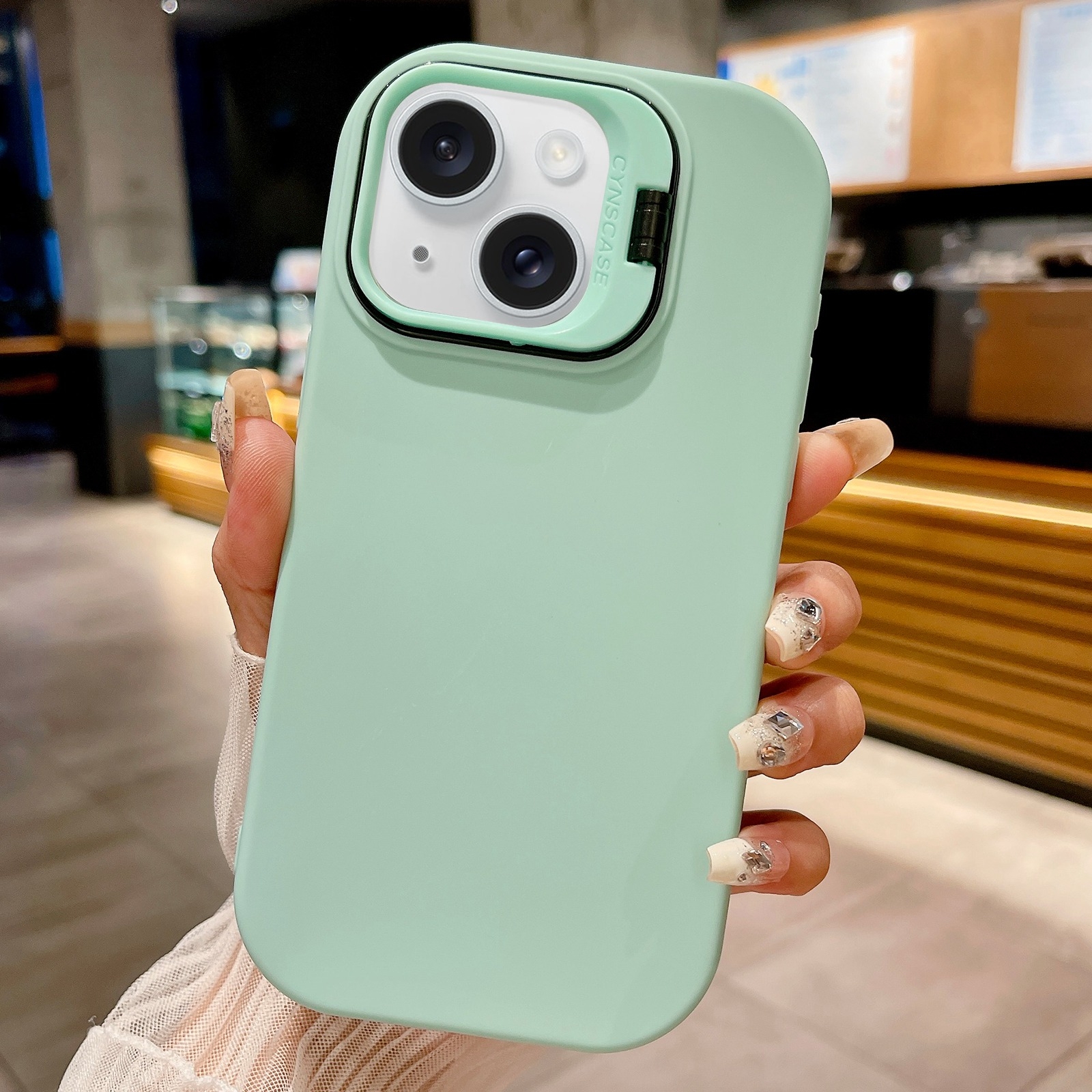 For iPhone 15 Lens Holder Skin Feel TPU Phone Case(Light Cyan) - Shopkiz.com