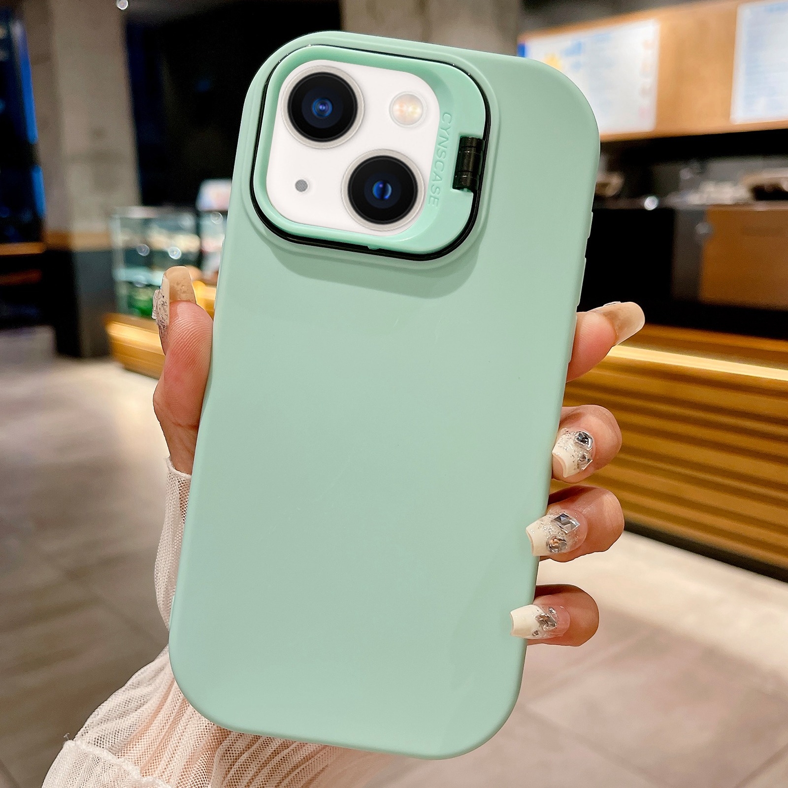 For iPhone 14 Lens Holder Skin Feel TPU Phone Case(Light Cyan) - Shopkiz.com